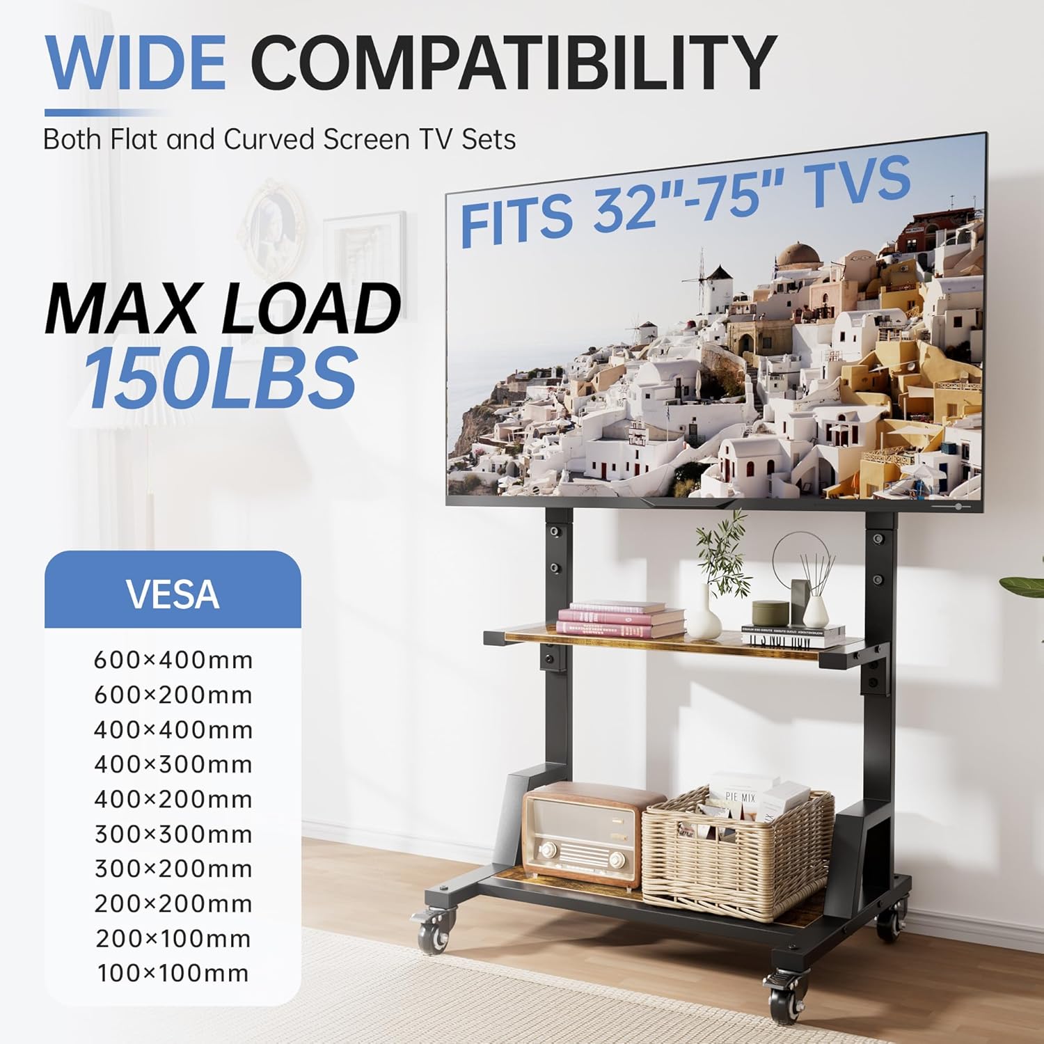 Outdoor TV Stand with Large Storage, Mobile TV Cart for Most 32-75 Inch TVs, Max VESA 600x400mm, Supports 150 lbs, Height Adjustable Portable TV Stand for Home, Office, Outdoor(Rustic Brown)