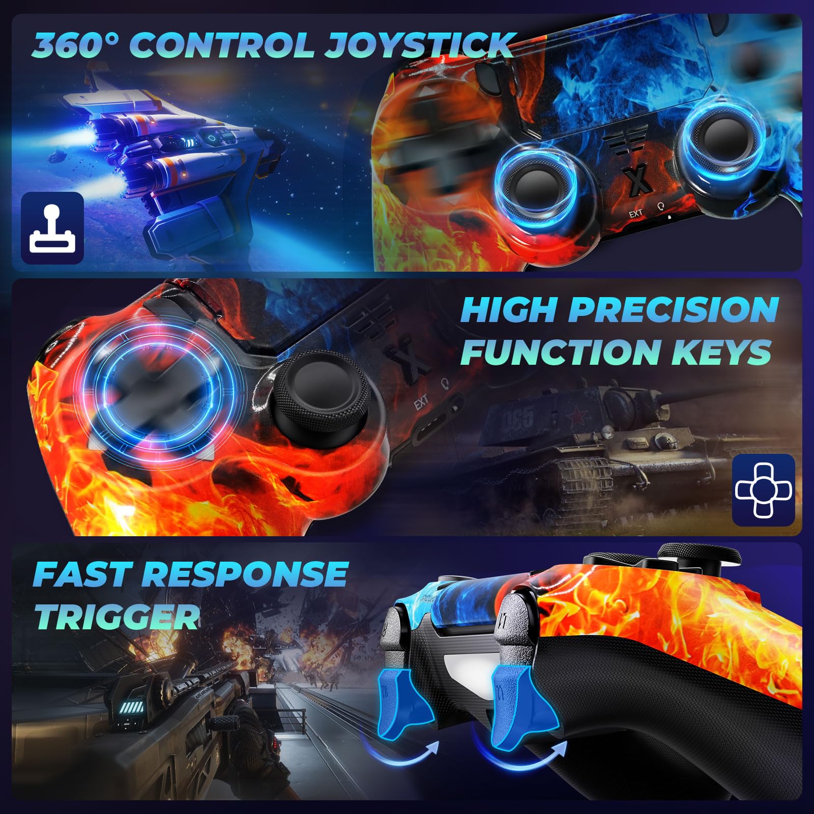 Hycago Manette pour PS-4, Manette sans Fil Controller compatible avec PS-4/Pro/Slim/PC, Batterie Rechargeable 1000mAh, Prise Audio 3,5 mm/Vibration/Panneau Tactile/axe à six ans - 5