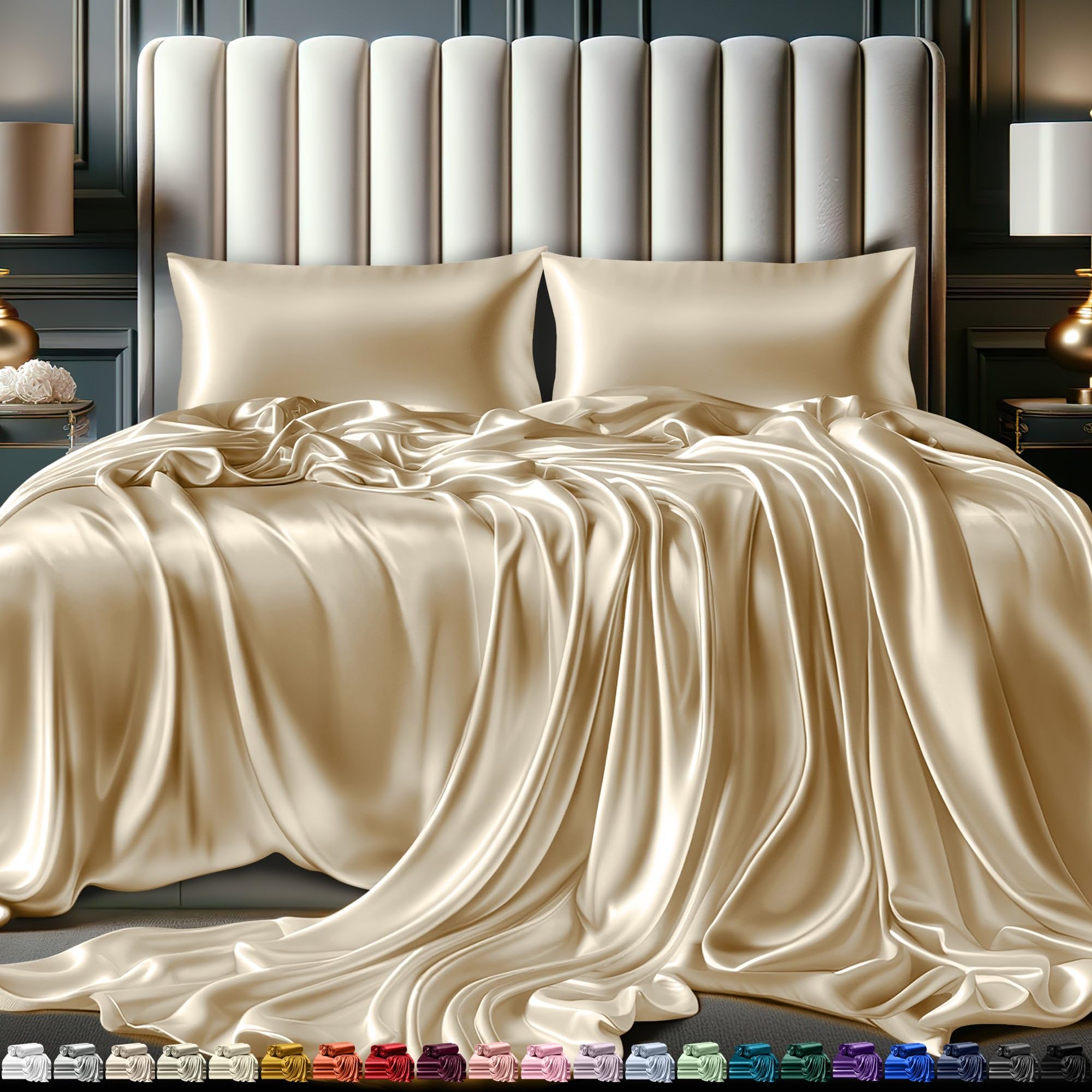 DECOLURESatin Sheet Queen Set 4pcs - Genuine & Luxurious Silk Feel Sheets Queen w/Deep Pocket - Elegant All-Season Satin Silky Soft Queen Size Satin Bed Sheets - Comfy Satin Sheets Set (Ivory)