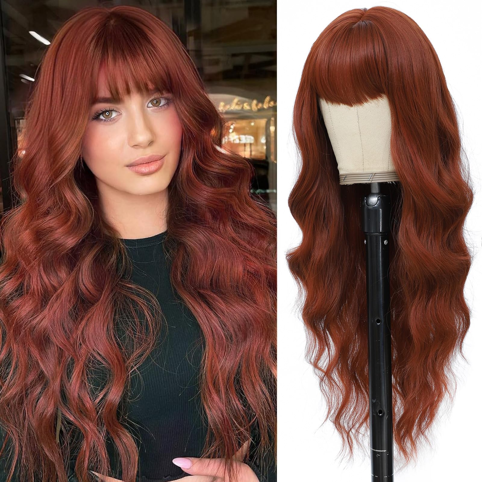 MINSEEYOO Auburn Wig with Bangs for Women Long Wavy Wigs 26 Inch Auburn Wigs Natural Looking Heat Resistant Synthetic Wig for Daily Party Use