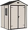 Keter, Manor Apex 6 x 5 ft Outdoor Garden Storage Shed, elegant wood-effect double door design for easy access, durable fade-free resin with window and floor panel for secure storage, Beige and Brown
