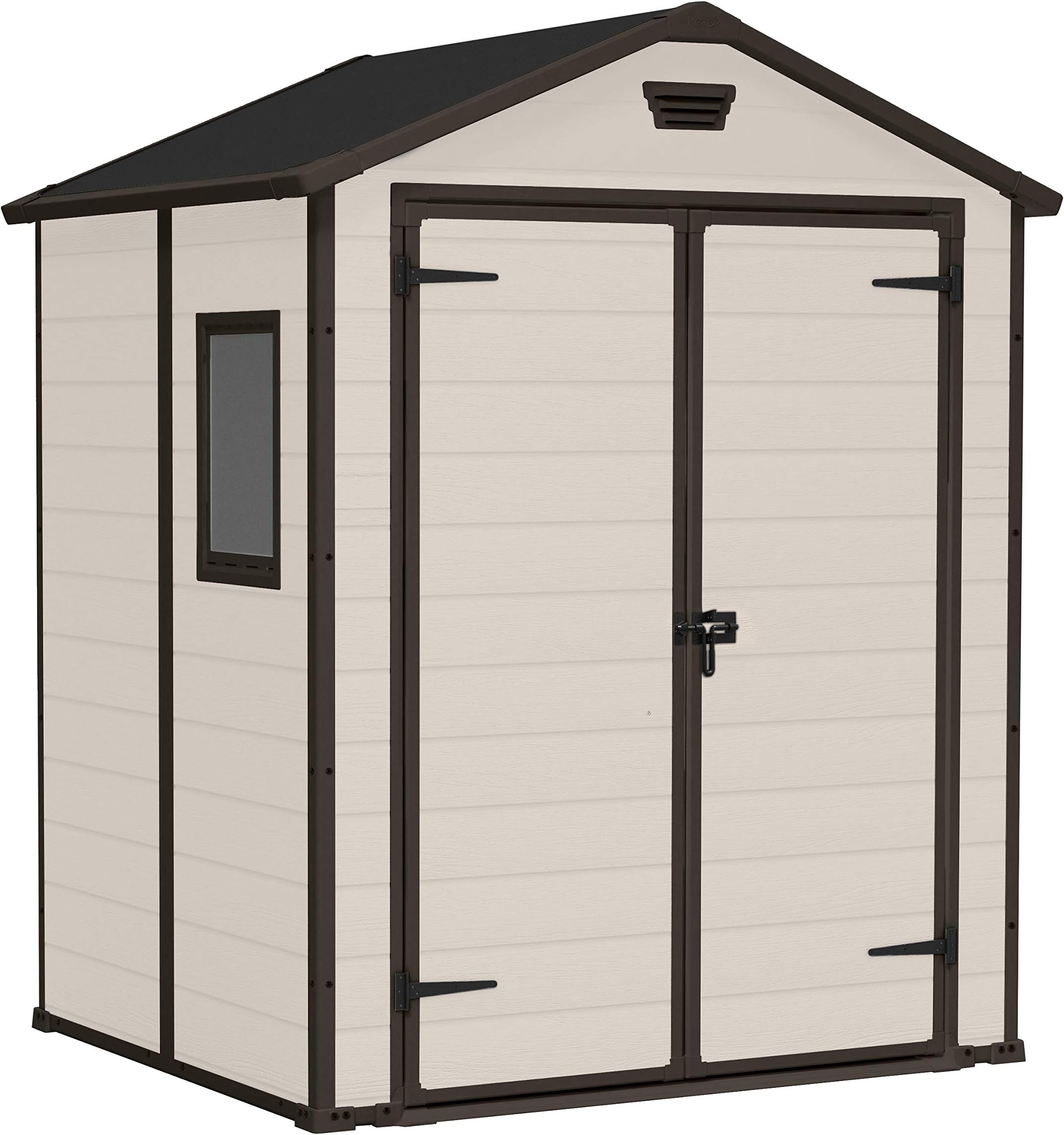Keter Manor Outdoor Apex Double Door Garden Storage Shed 6 x 5ft Beige Brown Wood effect | Fade Free | All Weather Resistant | Safe and Secure | Zero Maintenance | 15 year Warranty