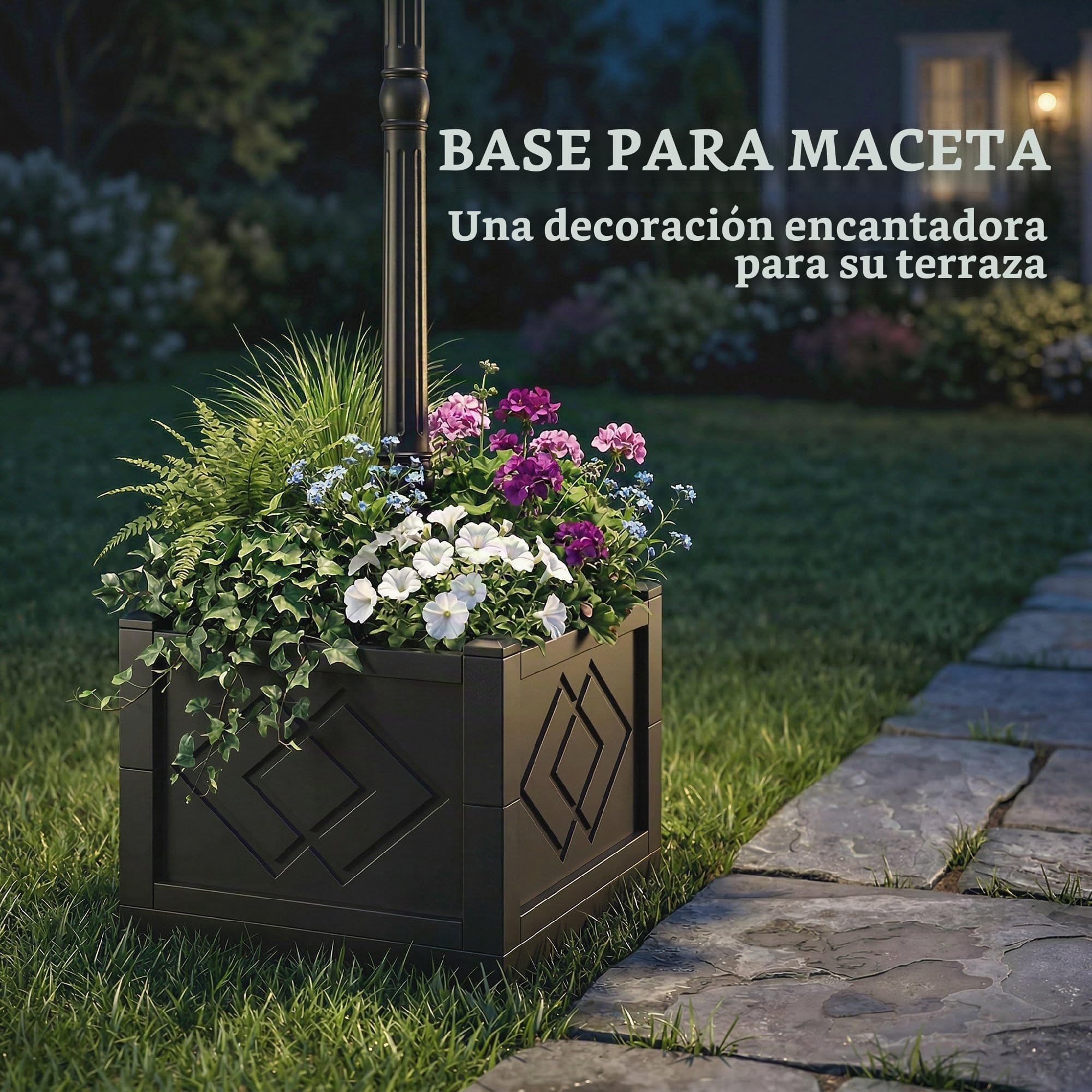 Outsunny Farol solar de pie con maceta, 195 cm, farolillo exterior de jardín con 2 niveles de brillo, interruptor de sensor de luz, IP44, lámparas solares, farolillos solares para jardín, balcón