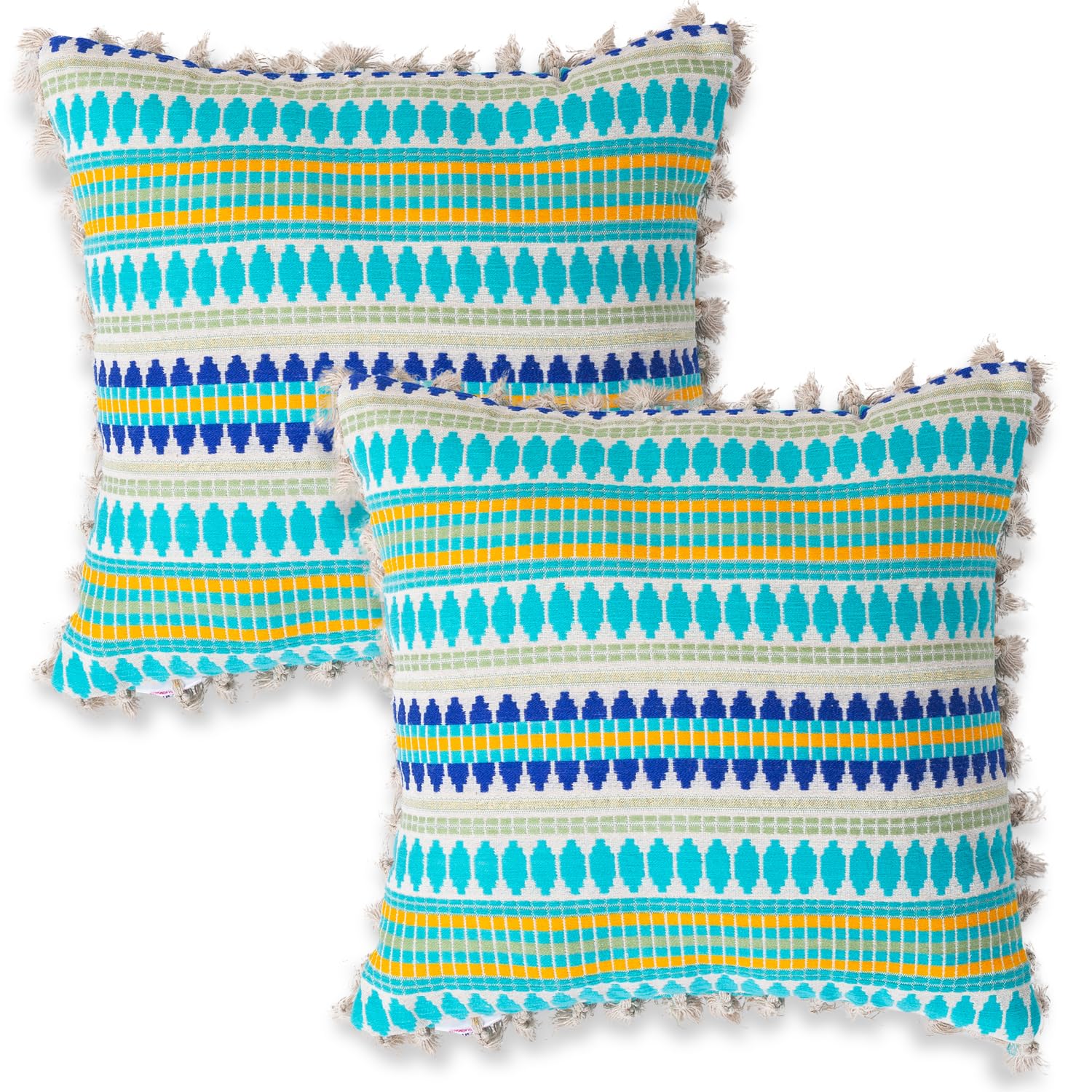 HOKIPO 'Artisan Boho Series' 450 GSM Cushion Cover with Tassels | Cotton Acrylic Jacquard | 16x16 Inch (40x40 cm) | Pack of 2, Aqua Blue (IN-905-A4*2)-image-22
