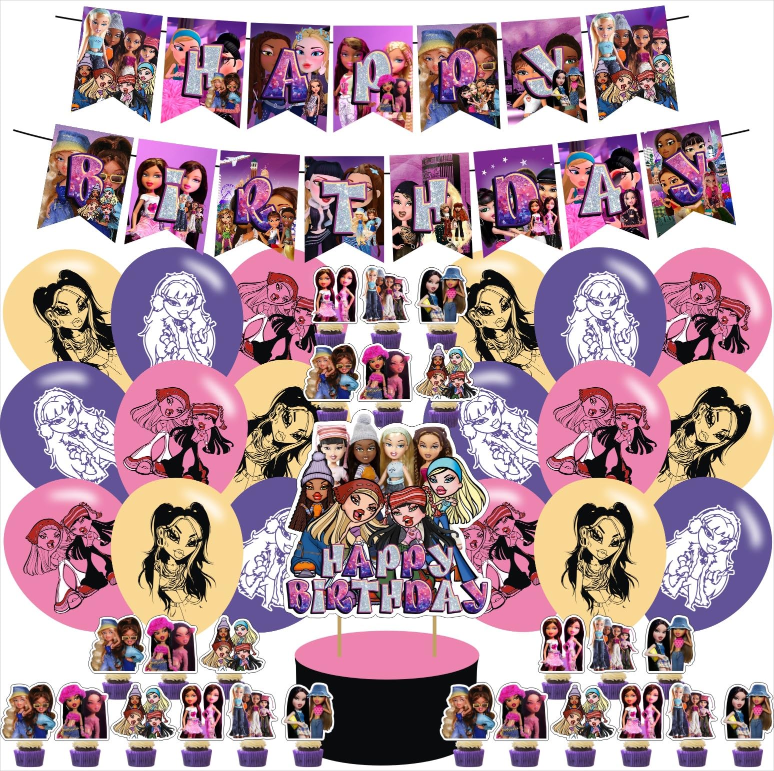 Bratzz birthday party supplies, including cake topper, cupcake toppers, Banner, Latex Balloons,It is very suitable for boy's and girl The Boys Girl