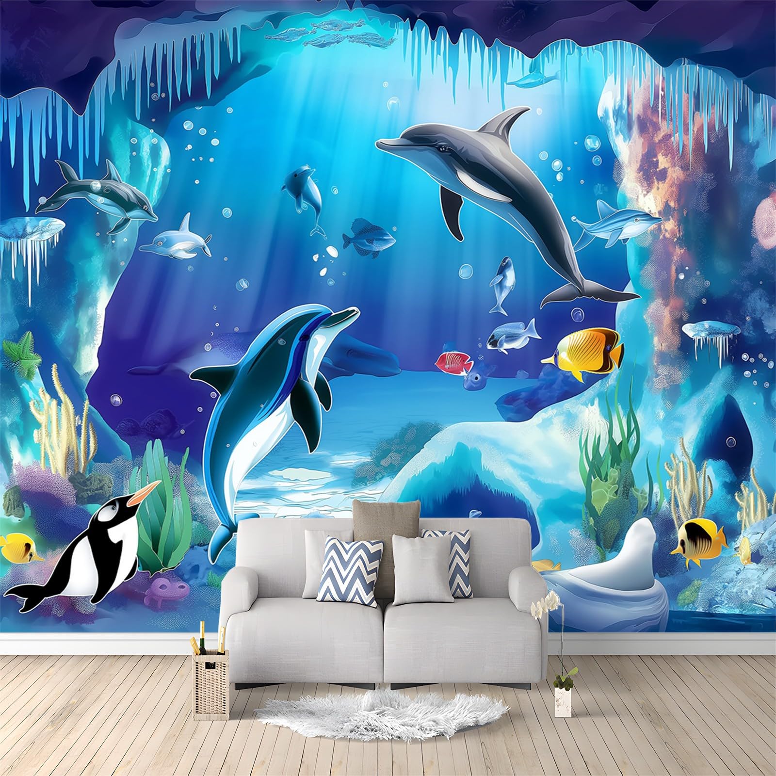 Tapeta 300 x 210 cm, tapeta na fizelinie, kreskówka, ocean, morze, delfin, wodoodporna, folia ochronna na ścianę, do sypialni, salonu, folia meblowa, tapeta ścienna, kolorowa, w zestawie poradnik do