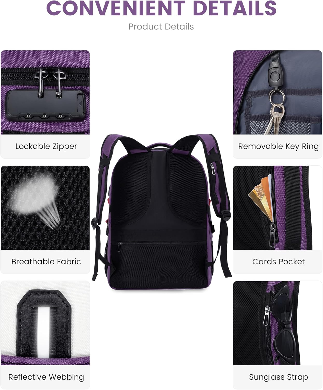LOVEVOOK Travel Laptop Backpack Waterproof Anti Theft Backpack with Lock and USB Charging Port Large Computer Business Backpack for Women College Backpack (17 inch,Purple & White - Image 6