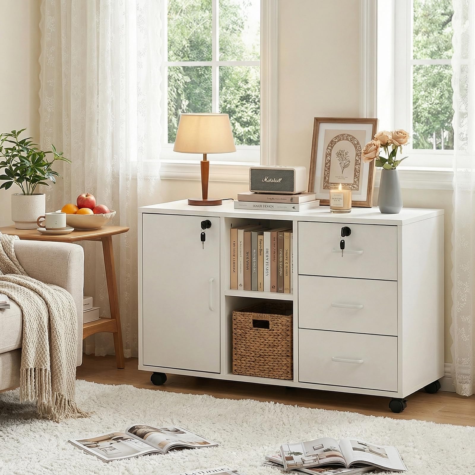 Caisson de Rangement, Meuble Bureau à 4 roulettes, 3 Tiroirs, 2 Compartiments Ouverts à Étagères Réglables,Verrouillable Armoire sous Bureau pour Papier Administratif, Imprimante,Salon,Blanc