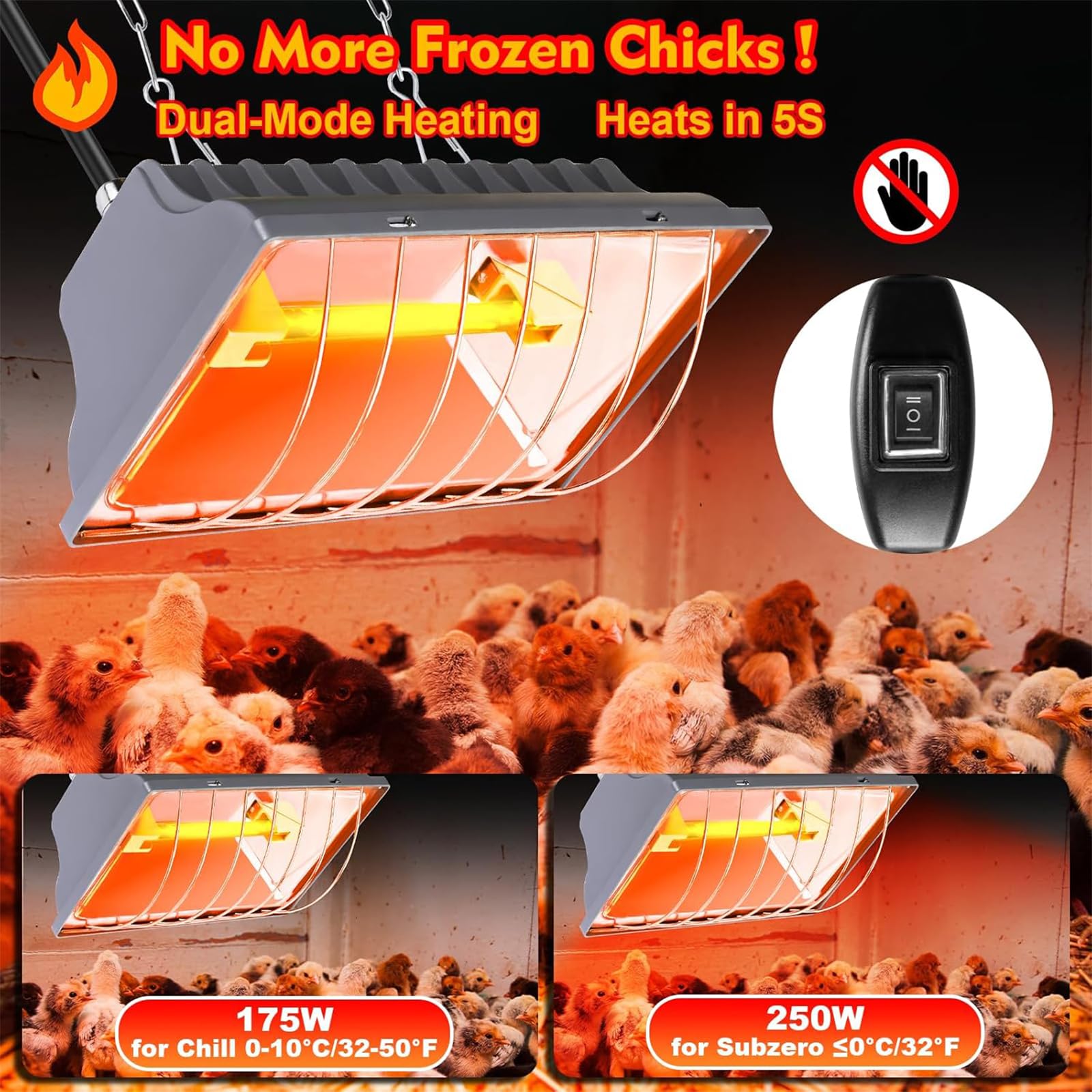 Calentador para gallinero de 250 W, Calentador para criadora de Pollitos, lámpara de Calor para criadora de gallinero, Altura Ajustable con 2 Bombillas de calefacción infrarrojas, 2 temperaturas