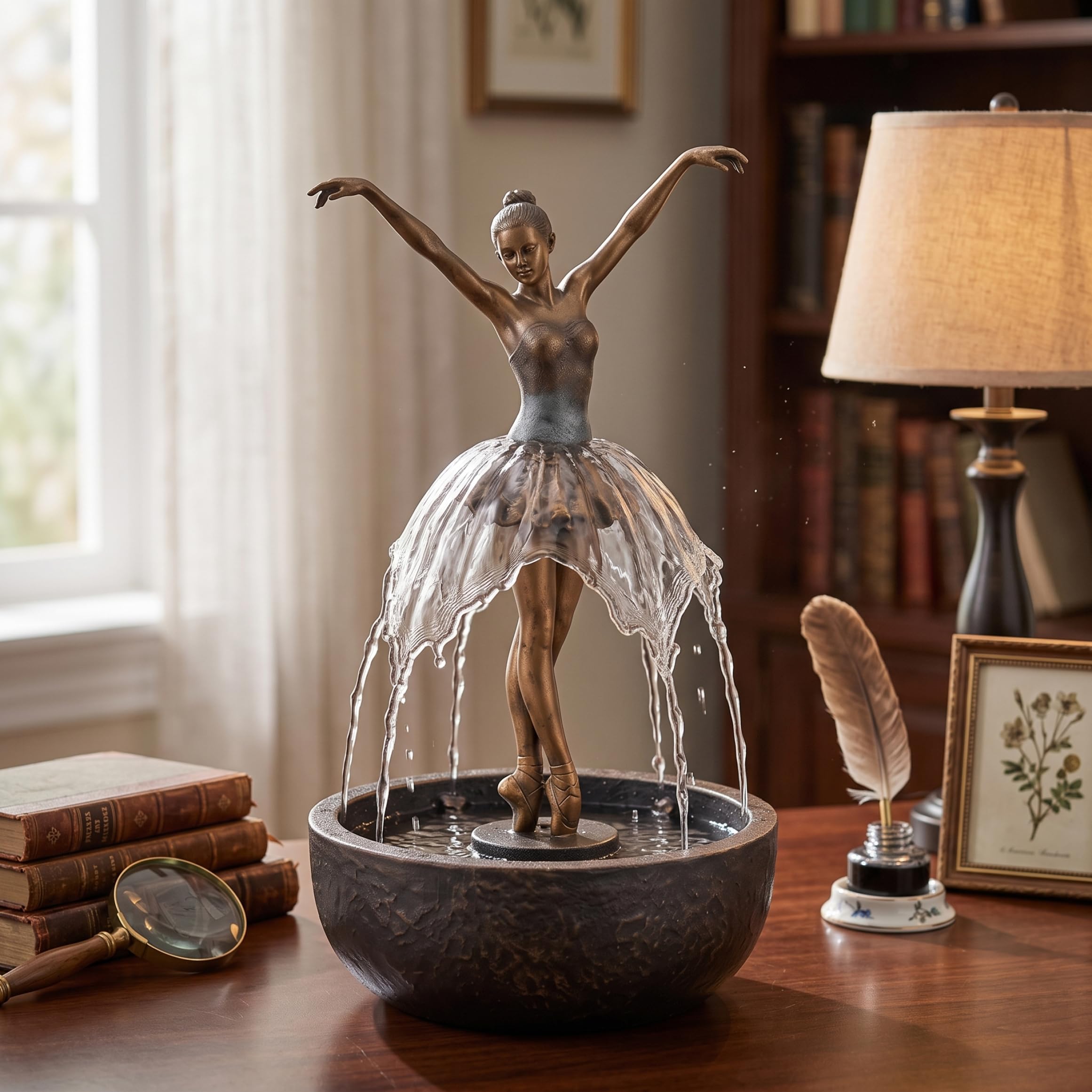 Tabletop Fountain, Elegant Ballerina Sculpture Indoor Waterfall – Bronze Artistic Desktop Decor For Home & Office, Utilisation d'été