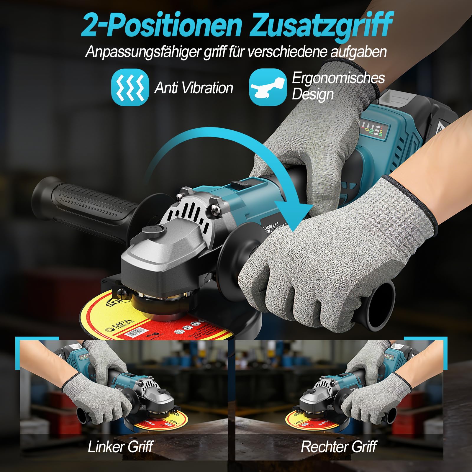 Yofuly Akku Winkelschleifer 125mm Kompatibel mit Makita 18V Akku, 3 Gang Drehzahlregelung 9000RPM, Akku Flex mit 2 * 4.0Ah Batterie, 2 Trennscheiben, 2 Fächerscheiben, 2 Schleifscheiben