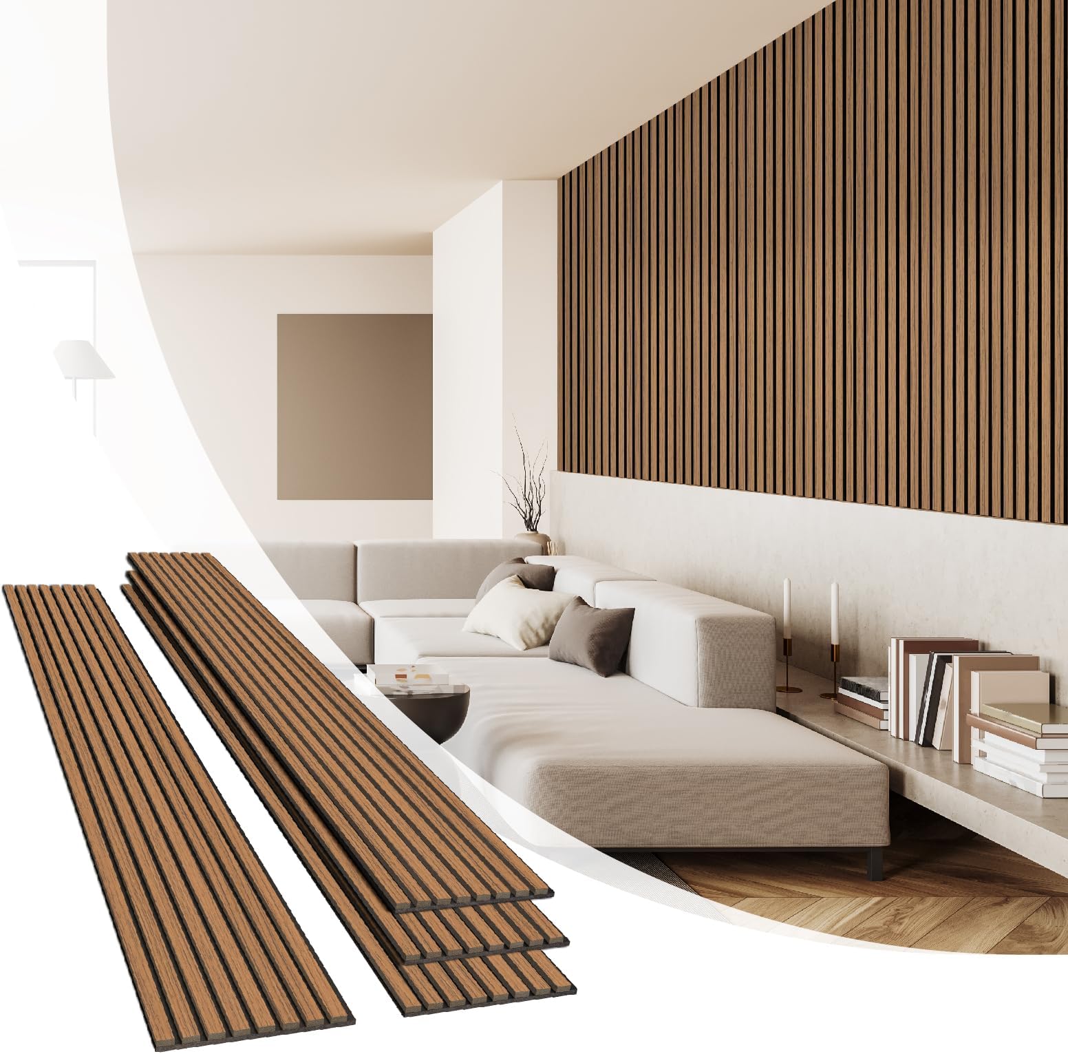 Olanglab Wood Slat Wall Panels, Wooden Acoustic Wall Panels, 94.5"x12.6" Each 3D Wall Panels for Interior Wall Decor, 4 Pack in Total 94.5"x50.4" (Cherry)