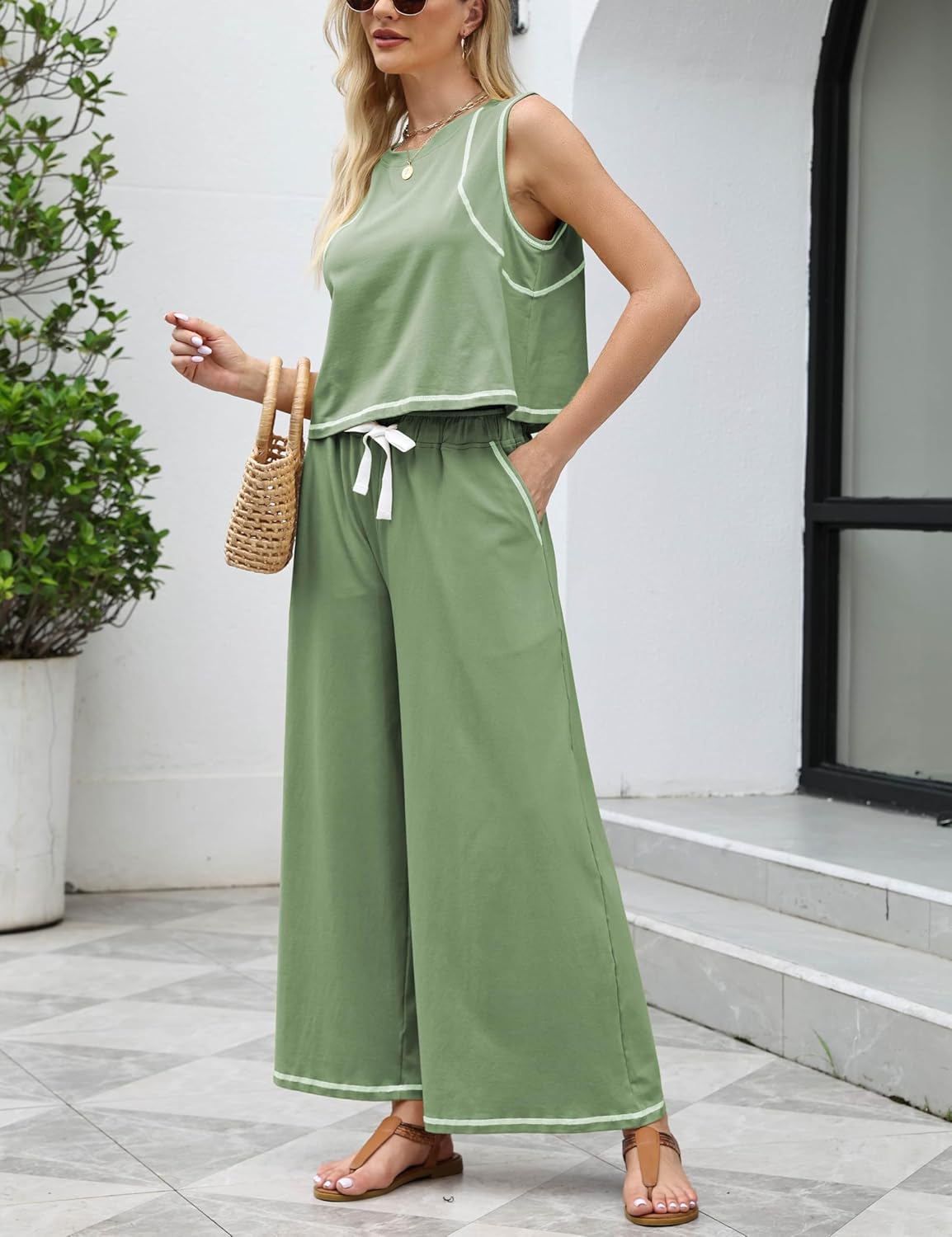 Women’s 2 Piece Lounge Set Sleeveless Tank Top & Wide Leg Pants Contrast Trim Relaxed Casual Matching Outfit - Image 5