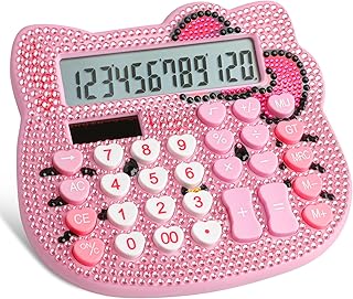 Cute Calculator,Rhinestones Calculator with 12-Digit LCD Display,Dual Drive by Solar Energy and Battery,Pink Calculator for Girls and Women (Pink+Rhinestones)