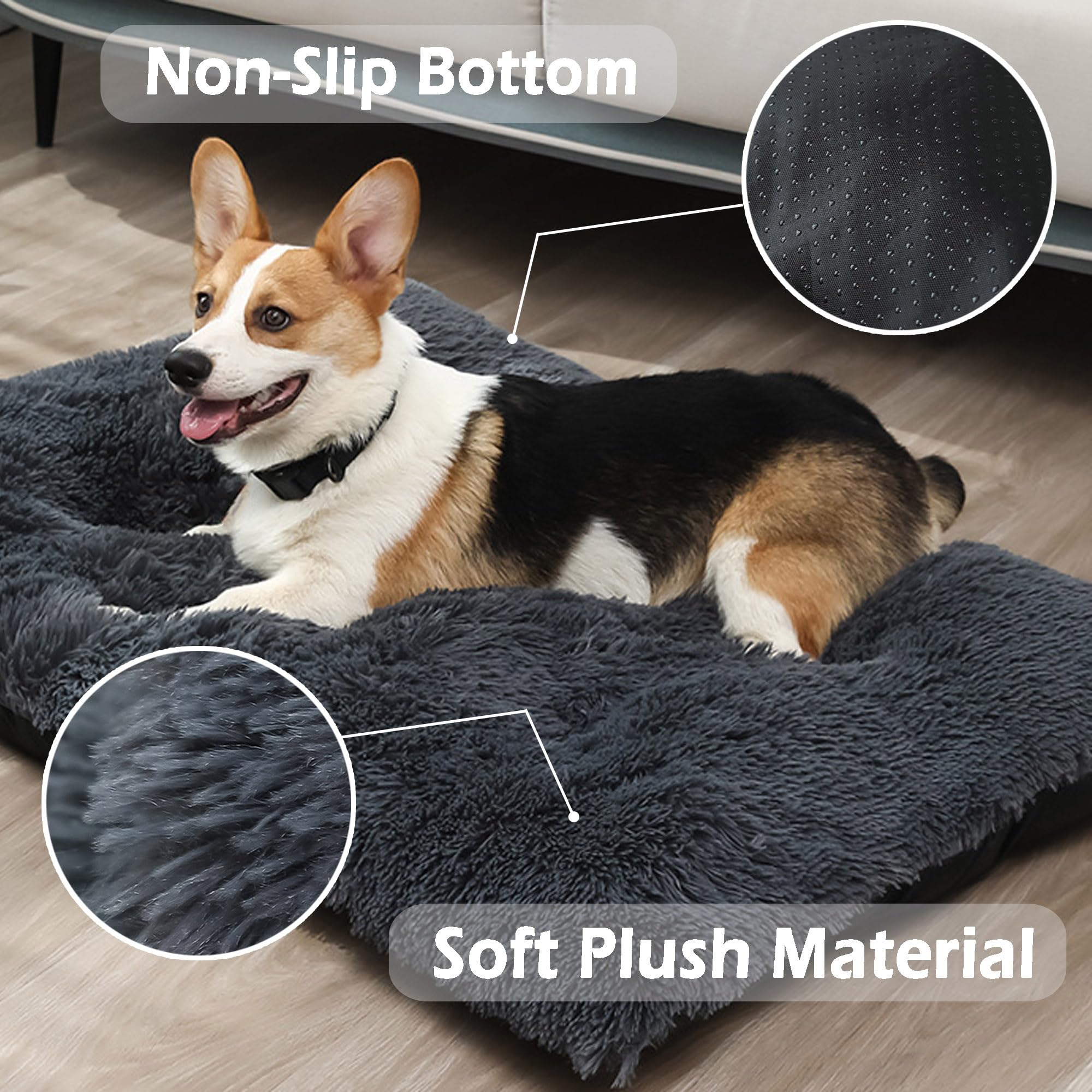 Materasso per gabbia per cani extra large, anti-ansia, con fondo antiscivolo, morbido cuscino in peluche per cani, lavabile, calmante, cuccia per animali domestici, 122 x 85 x 12 cm, grigio1