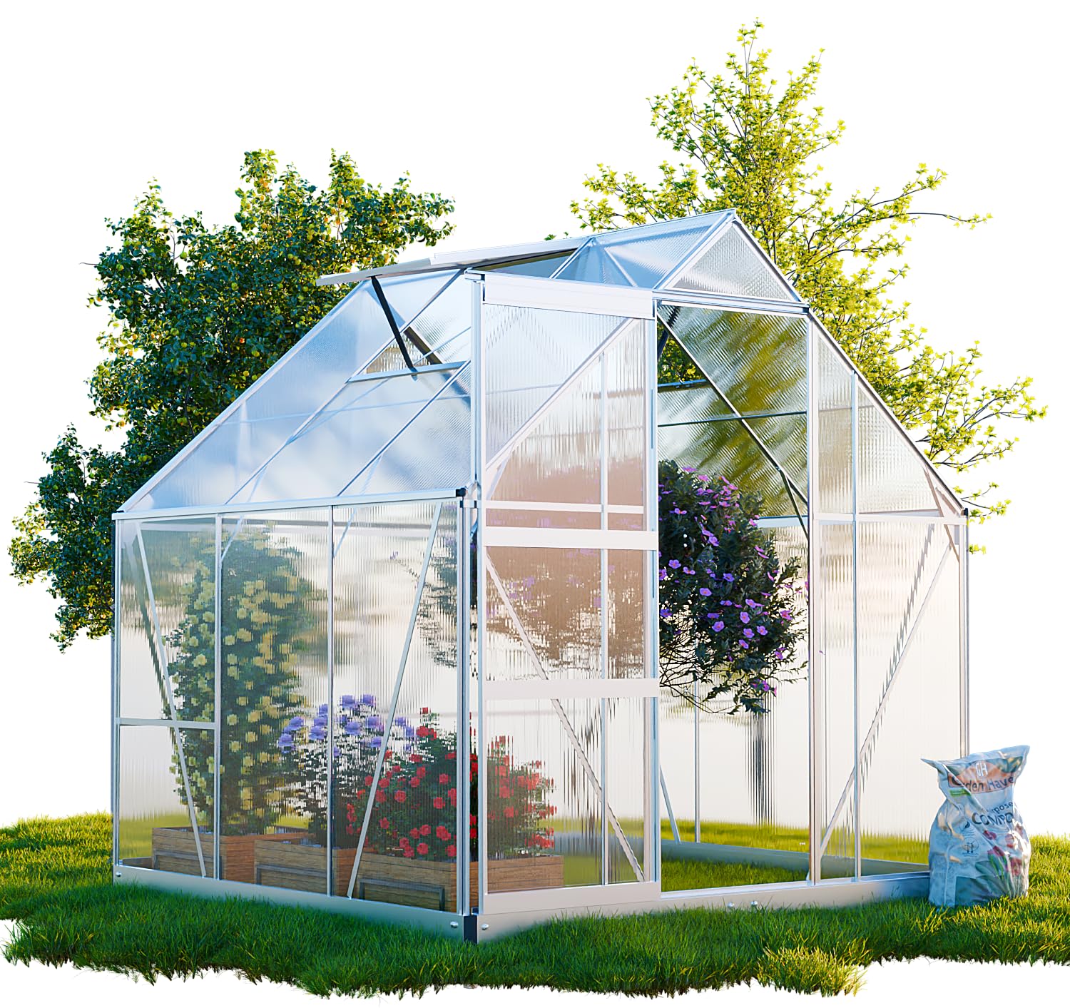 GARMIO® Gewächshaus Cuneo 190x190cm für den Garten, Alu Frühbeet inklusive Fundament, 2 Dachfenster Treibhaus Aufzucht Pflanzenhaus Tomatenhaus 3,7m² UV-Schutz