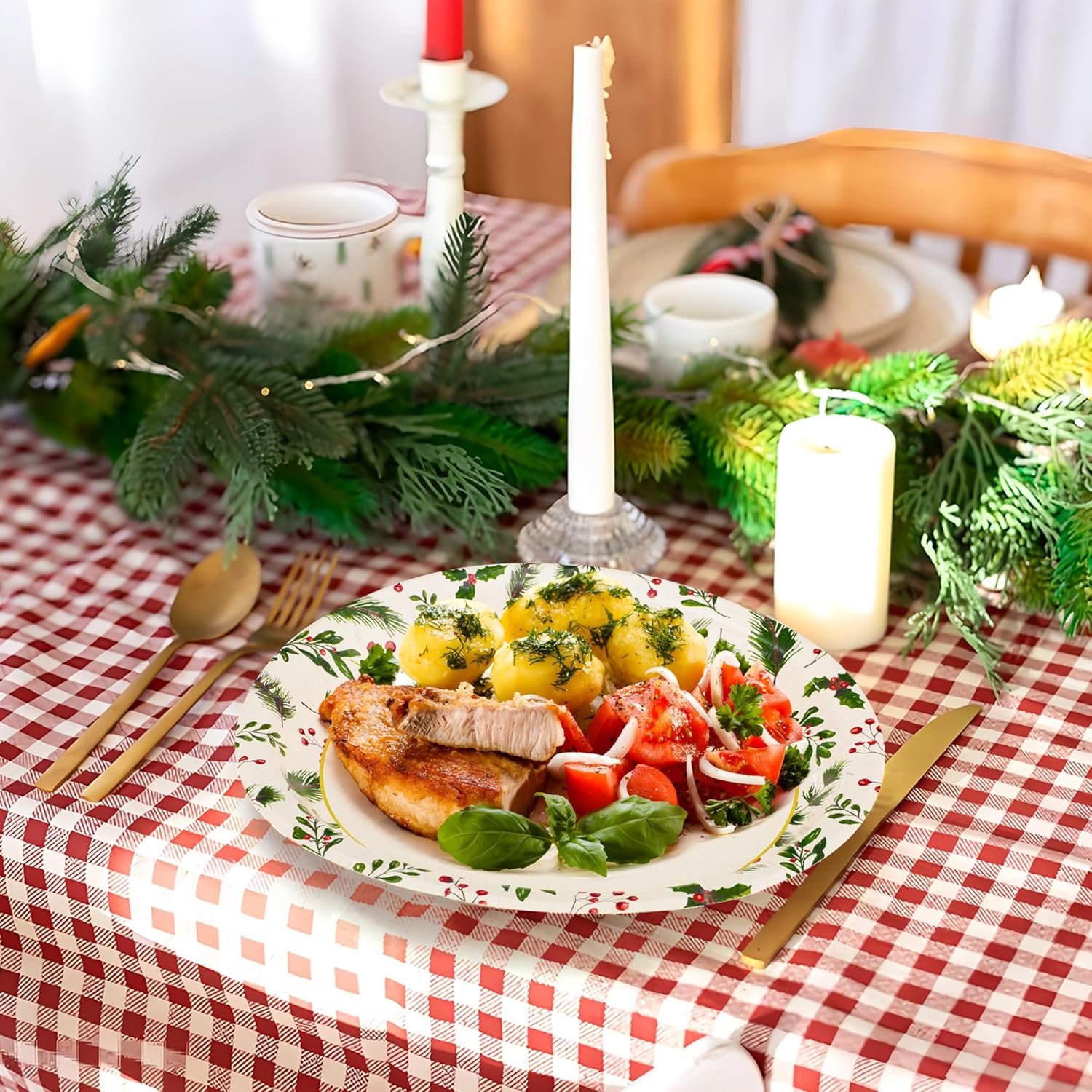 Augisteen 50PCS Christmas Holly Oval Paper Plates 10" X 12.5" Large Merry Christmas Dinner Serving Dish Holly Berries Disposable Heavy Duty Party Platters for Xmas Holiday Party Decor Supplies