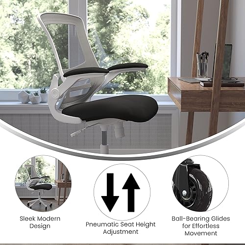 Miniatura 4 de Flash Furniture Kelista Silla de oficina ergonómica giratoria de malla negra con marco blanco, brazos abatibles y ruedas transparentes