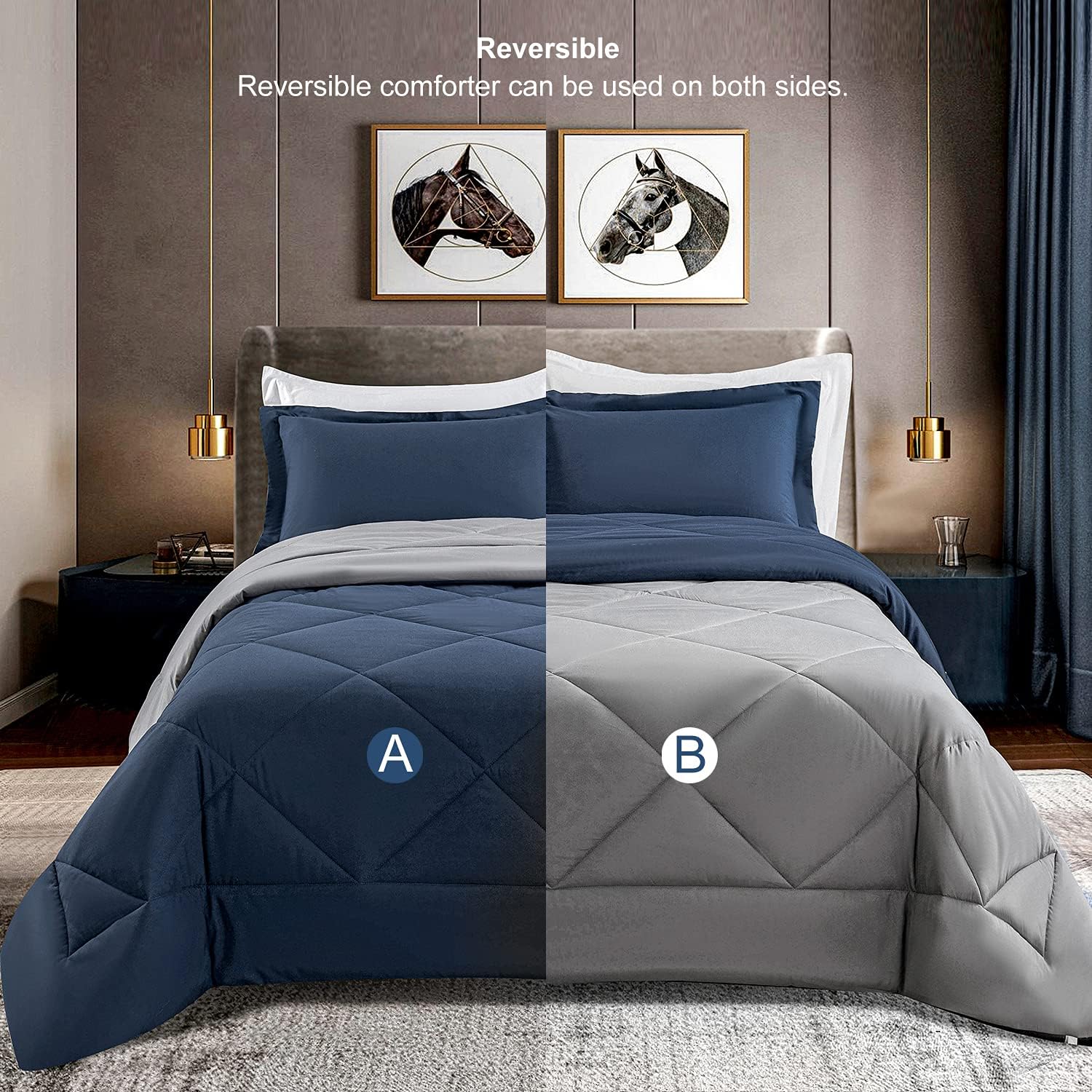 HOdo King Comforter Set Navy Blue/Light Grey Lightweight Down Alternative Duvet Insert - 3 Pieces - 1 Comforter (104x96 Inches), 2 Pillow Shams(20x36 Inches)