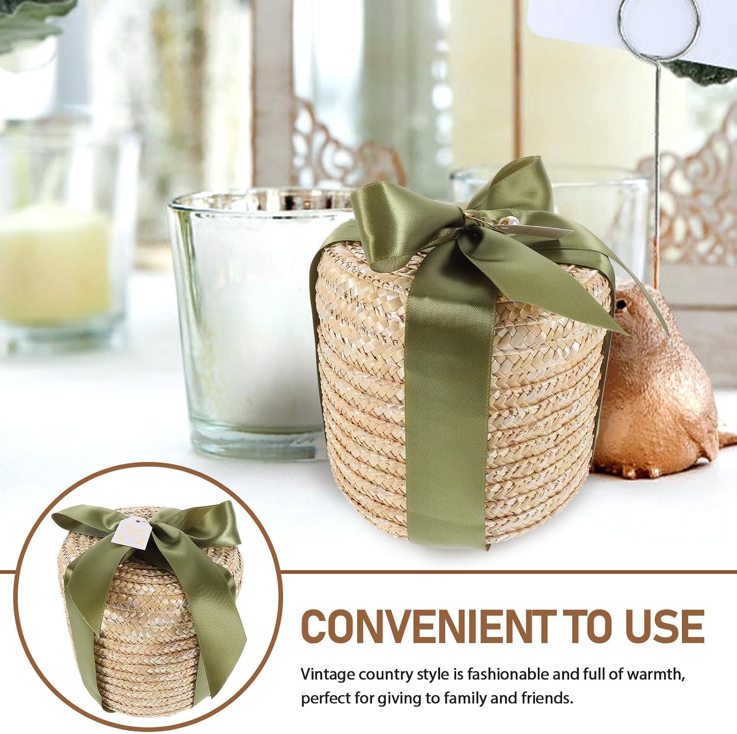 SHINEOFI and Rooms Rustic Craft Hobby Natural or Country Style Woven Storage Basket with Lid, round Wheat Straw Polyester Small Organizer Appearance image 3