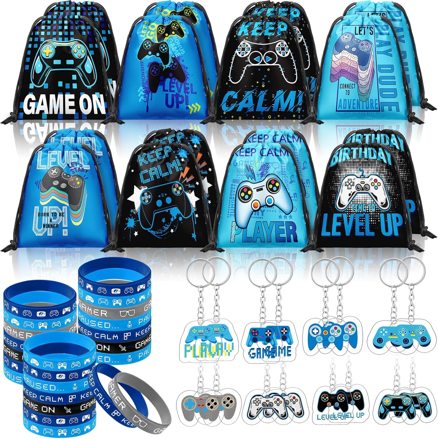 Talltalk 48 Pcs Video Game Party Favors Bulk with 16 Blue Black Video Game Gift Drawstring Backpack Goodie Bags Snacks Candy Bag 16 Wristband 16 Keychain for Play Birthday Party Supplies Decorations