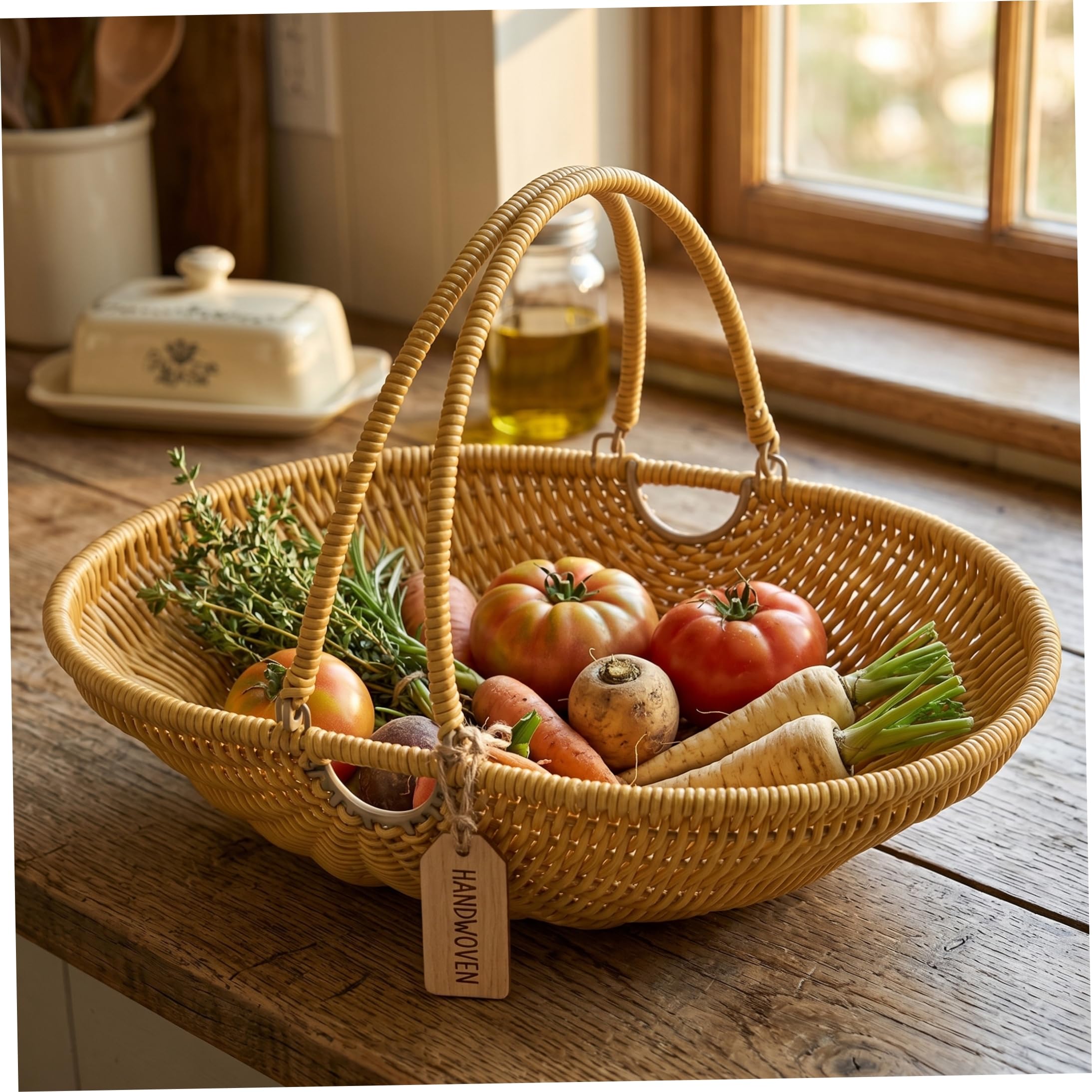 Cesta de Cosecha de Jardín, Cesta de Cosecha con Asa, Cestas de Jardín Tejidas a Mano para Recoger Verduras, Almacenamiento de Picnic - Amarillo, Talla L.