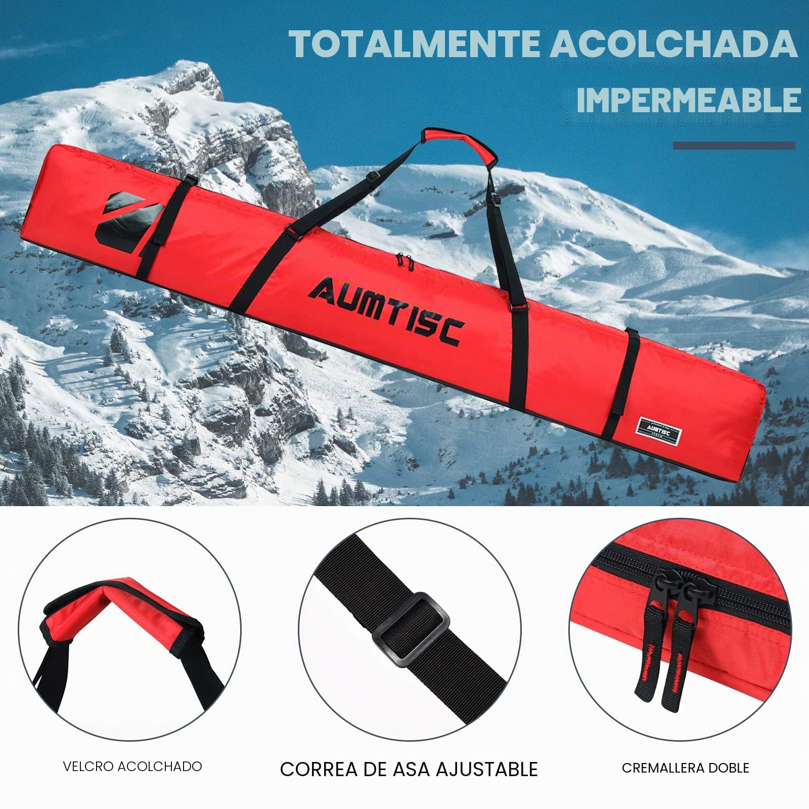 AUMTISC Bolsas para Kit de esquí Bolsa de Deportes de Invierno de Viaje Individual Acolchada para Transportar esquís Bolsillo para Equipo con asa Ajustable 170 185 cm