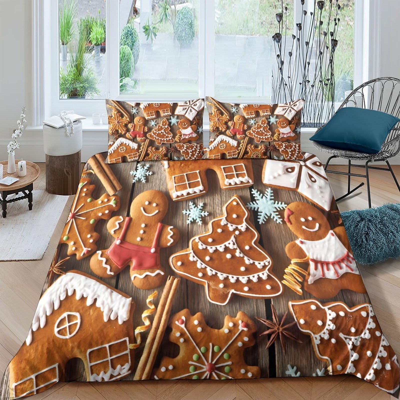 TUFRTGYHN 3D Printed Gingerbread House Duvet Cover Microfiber Soft Christmas Cookie Quilt Cover Set with 2 Pillowcases for Bedroom Decor, Single（135x200cm）