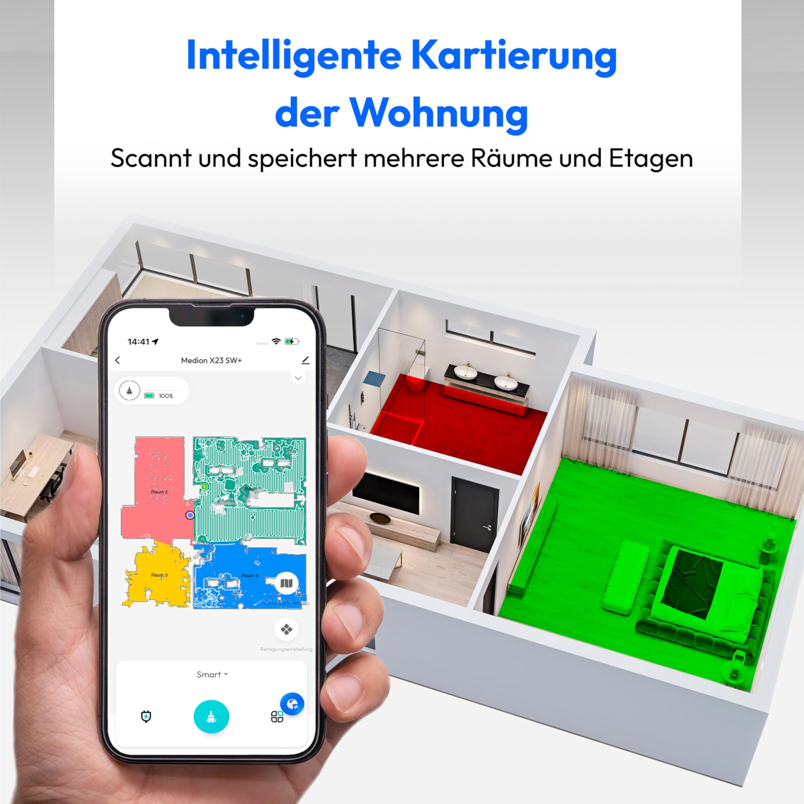 MEDION Saugroboter mit Absaugstation und Wischfunktion X23 SW+ (Lasernavigation, Starke 5000Pa Saugkraft, 2in1 Roboterstaubsauger, präzise Kartenerstellung, Go & No Go Bereiche, mehrere Etagen) weiß