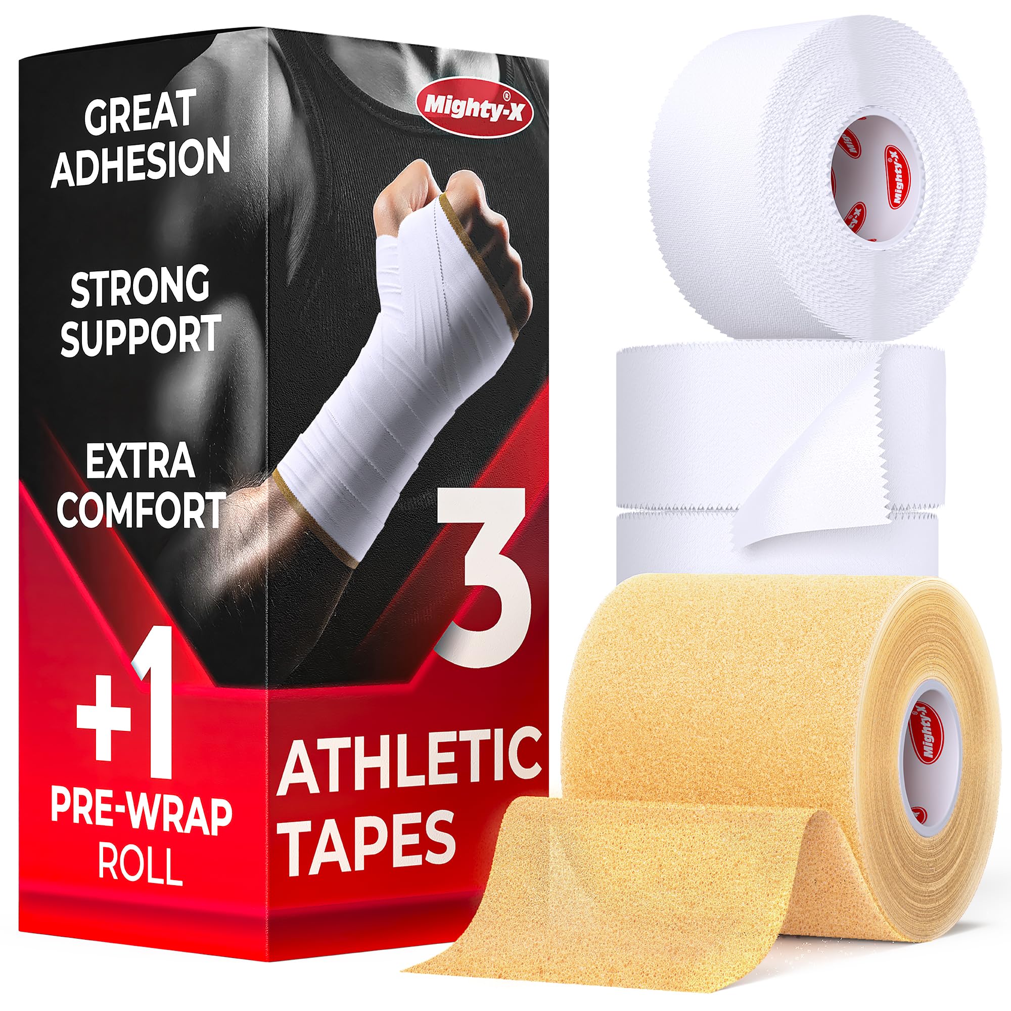 Premium White Athletic Tape for Injuries - 3 Pack with Pre-wrap - Easy Tear & No Sticky Residue - Sports Zinc Oxide Tape - Ankle, Wrist, Fingers - Ideal for Soccer, Gymnastics, Boxing