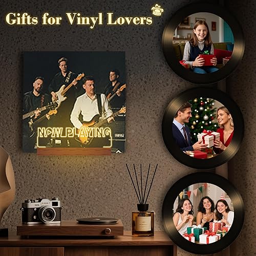 Miniatura 5 de Now Playing - Soporte para discos de vinilo, decoración de exhibición, base de madera LED con luces blancas cálidas suaves, regalos de