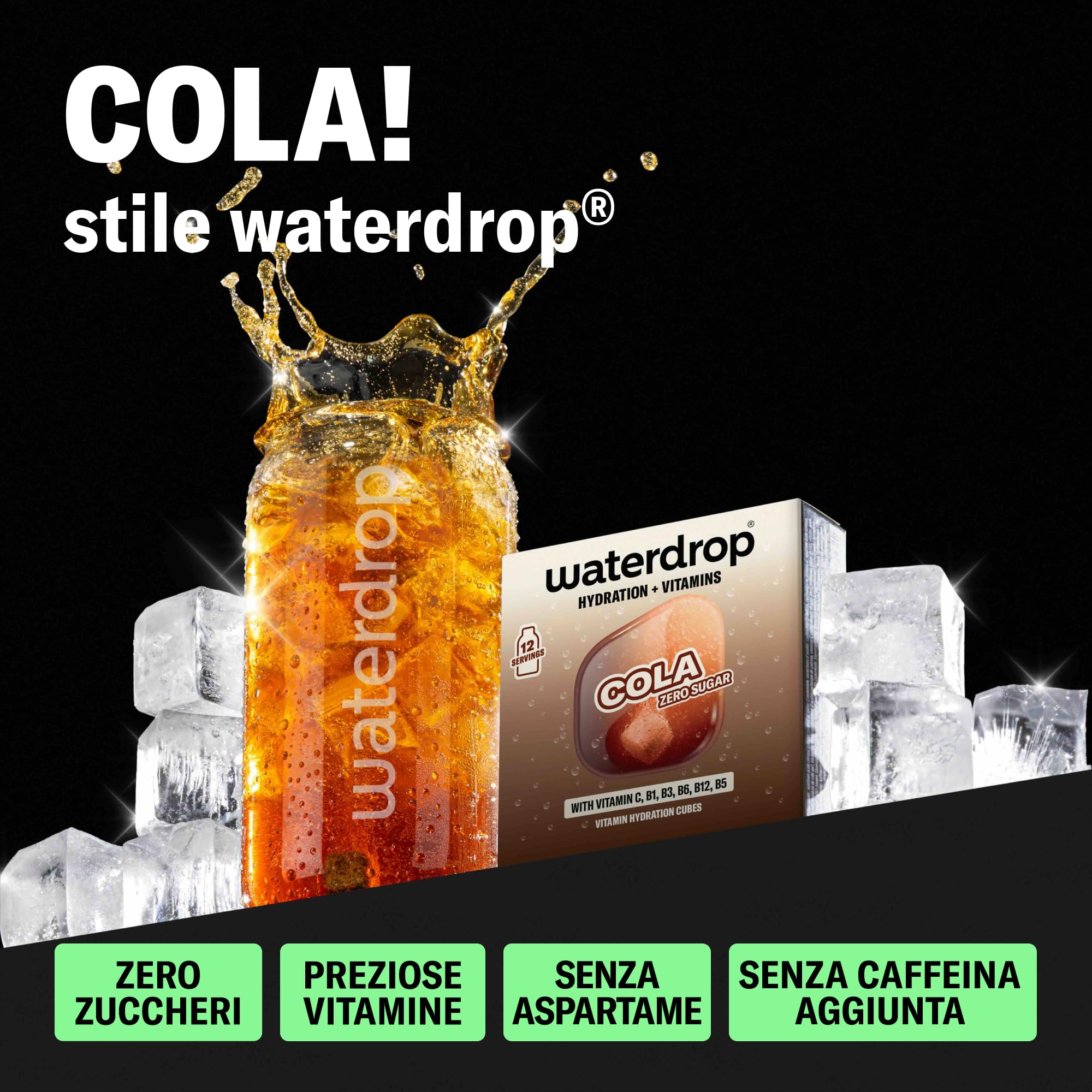 waterdrop® Cola Nuova Ricetta - Bevanda senza zucchero - 36 cubi per acqua naturale o frizzante - Gusto cola classico, fresco e leggero - Zero calorie, con vitamine - Alternativa alle bibite gassate