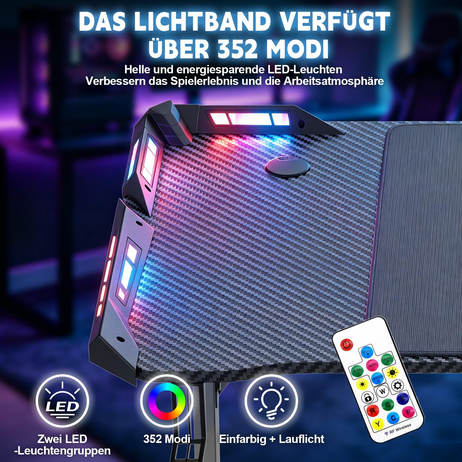 Gaming Tisch L07 mit LED 140CM – PC Schreibtisch mit Carbon-Oberfläche, 2 RGB LED Streifen (352 Modi, 10 Helligkeitsstufen), Z-förmiger Stahlrahmen bis 80kg, Getränkehalter & Kopfhörerhaken