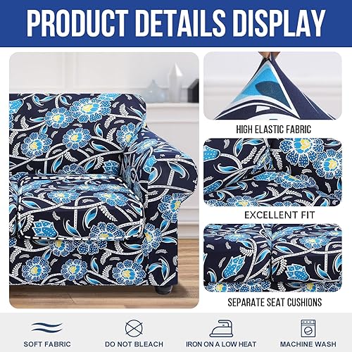 Miniatura 4 de hyha Funda para sofá, diseño floral, elástica, estampada, 4 piezas, fundas para sofá de 3 cojines separados, protector de muebles lavable para