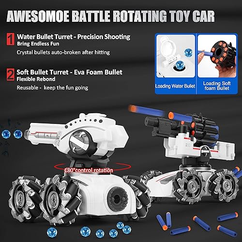 Miniatura 3 de CXJ Auto tanque RC de 3 cabezas, auto de acrobacias de batalla 4WD para niños, burbujas de soplado, dardos de espuma, rotación 360, LED, música,