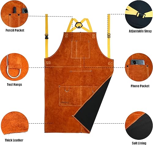 Miniatura 3 de shenwld Delantal de trabajo de soldadura de cuero de vaca, resistente al calor y a las llamas, para soldadores, herreros, barbacoas