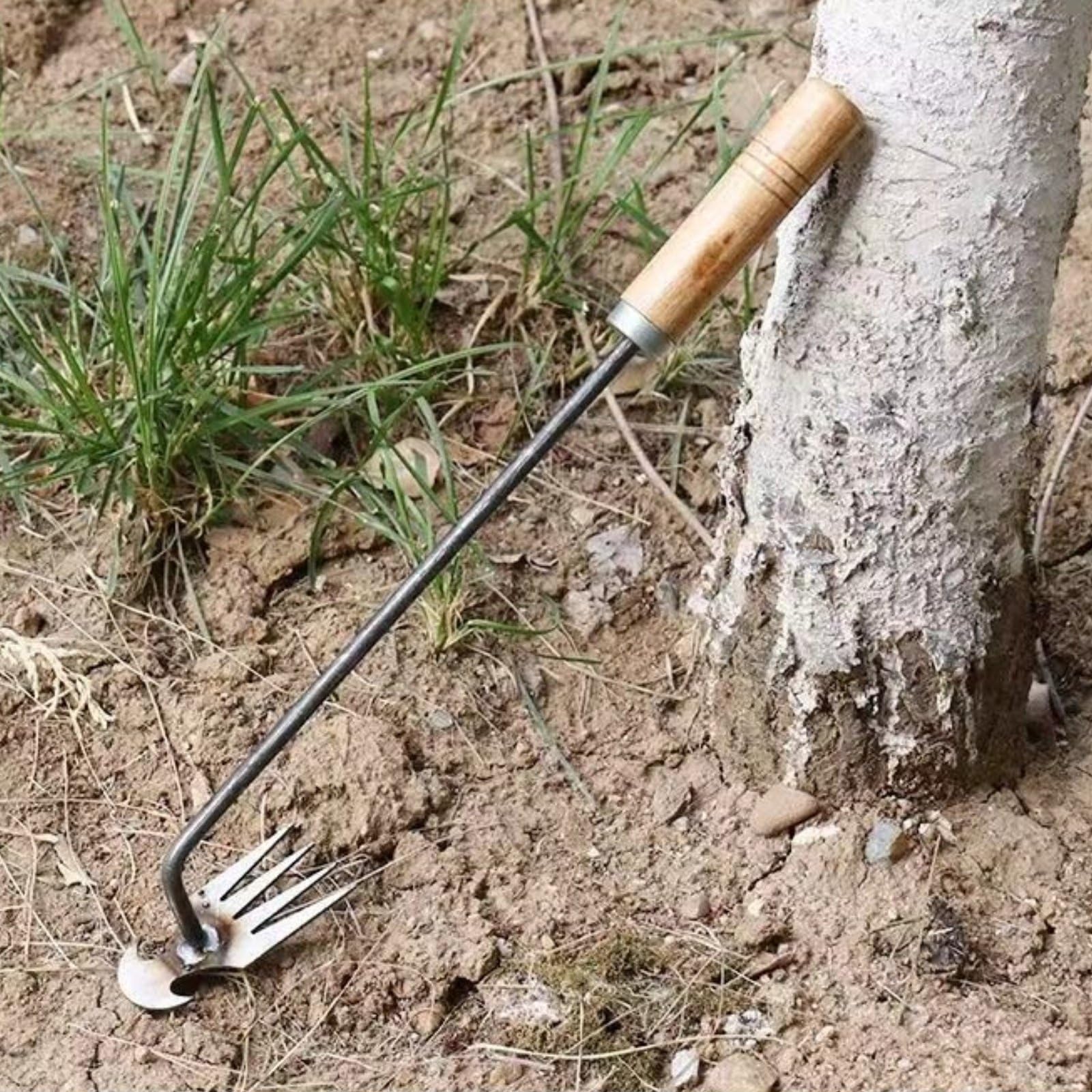 kowaku Diserbatrice Sradicatore Estirpatore Coltivatore a Trazione Profonda con Denti Penetrazione Nel Suolo per Radici Manico Solido in Legno O Acciaio, Ss V-shape 4-Denti