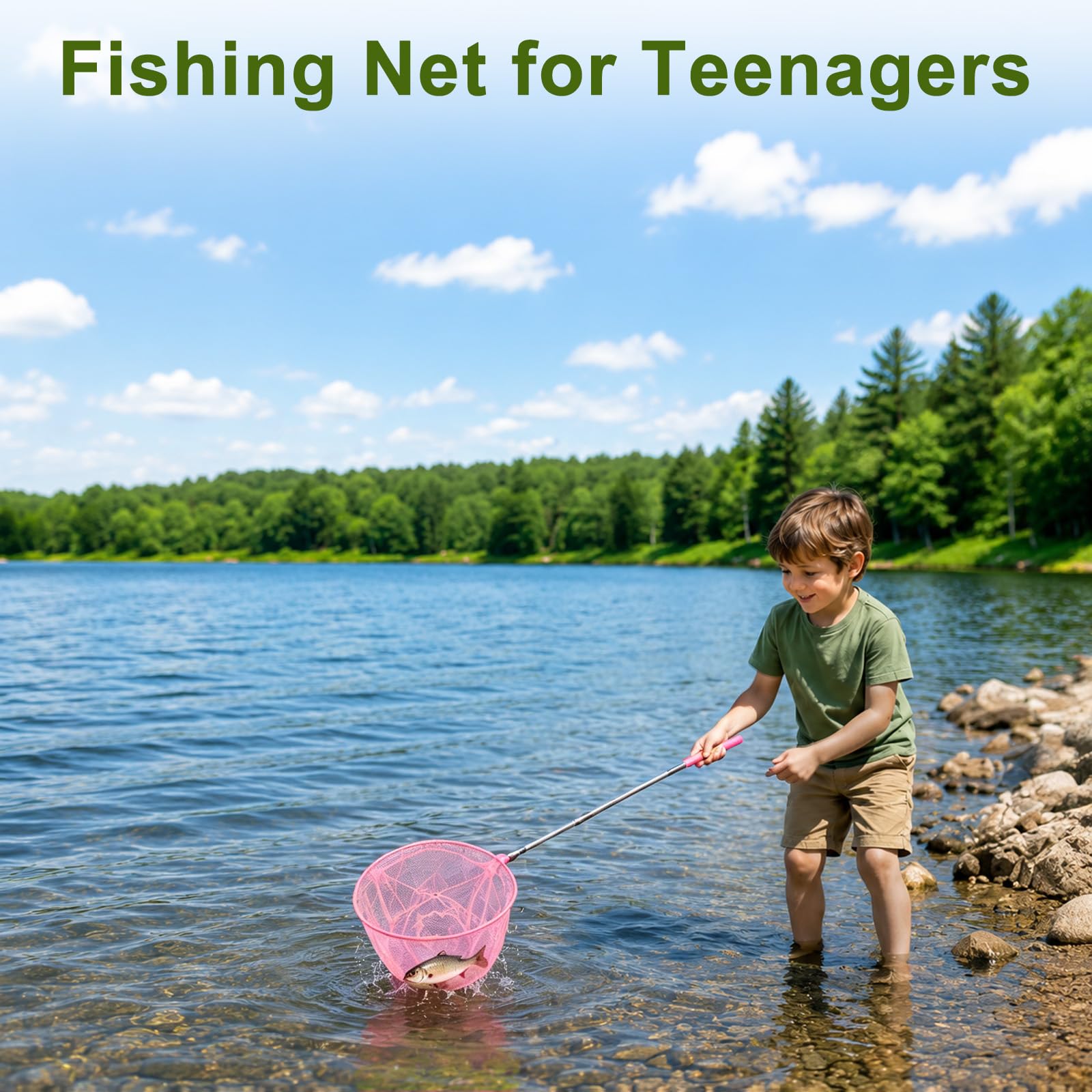 M METERXITY 1 filet de pêche télescopique pour adolescents, extensible de 48 cm, petits filets avec poignée réglable pour attraper les insectes/petits poissons/crevettes/aquarium/extérieur [Rose]