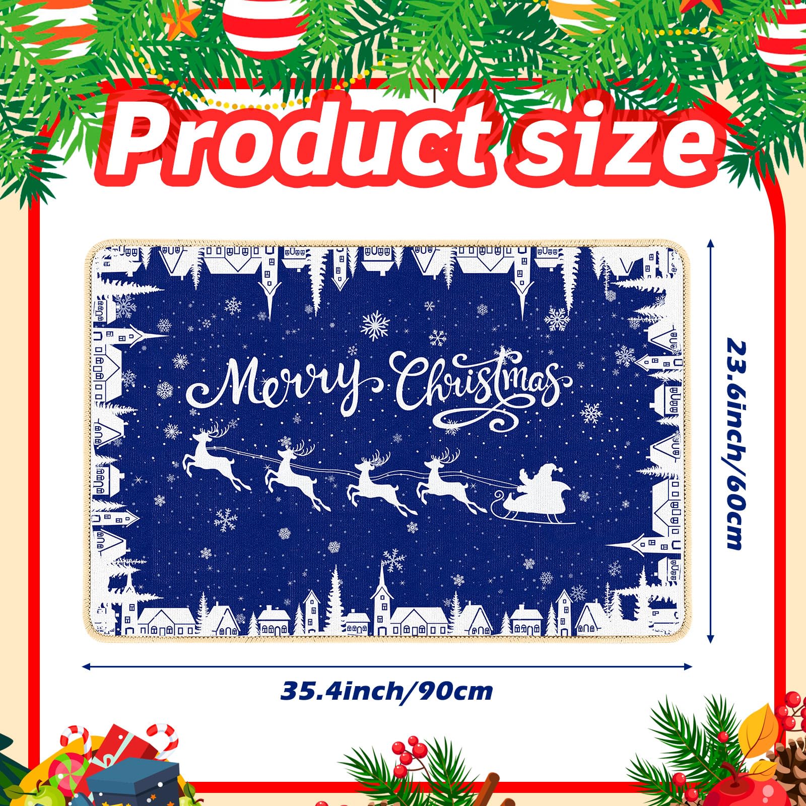 Dunzy Fußmatte, Motiv: blaue Schneeflocken, Motiv: Frohe Weihnachten, Winterdorf, Küchenteppich, Heimdekoration, rutschfest, waschbar, Teppich für Küche, Eingangsbereich, Schlafzimmer, Badezimmer