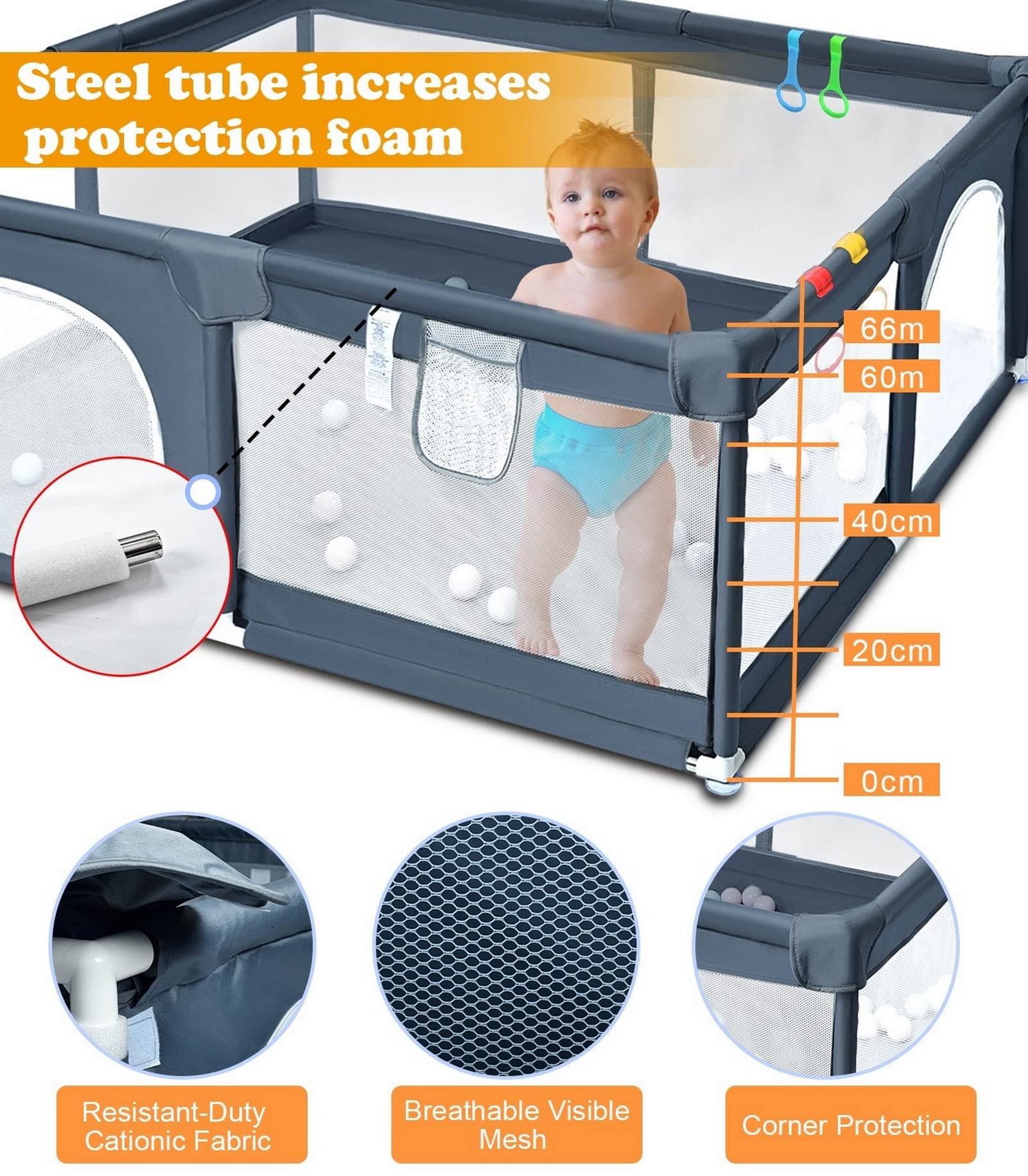 HABOWN Box per Bambini 150 x 180cm - Recinto Pieghevole con Rete Traspirante, Centro di Attività Neonato con 50 Ocean Ball e 4 Anelli, Grigio