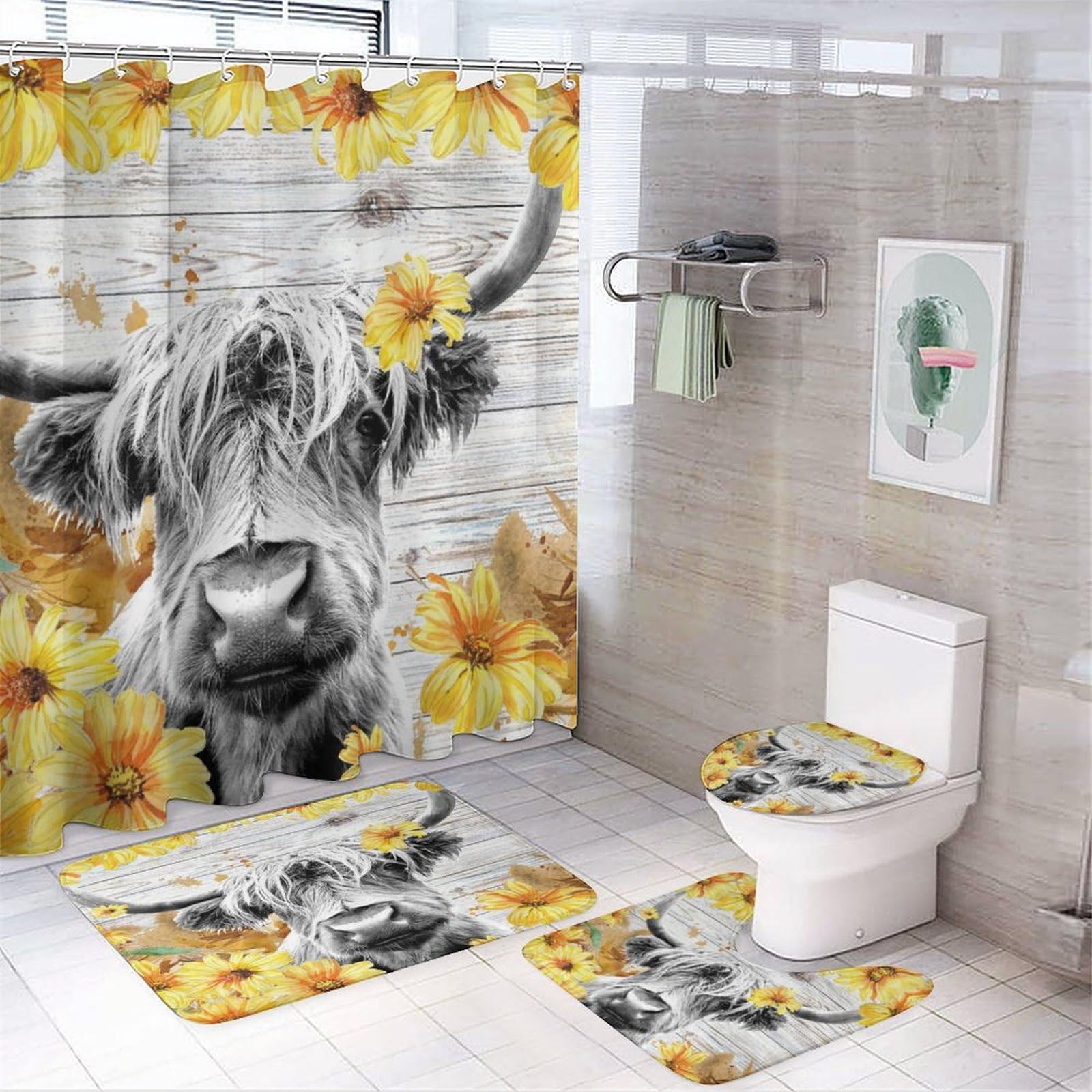 Coalho Abstract Yak Highland Cow 4 Pcs Bathroom Decorative Set Vintage Barn Door Watercolor Sunflower Cow Shower Mat Shower Curtain With Rug 12 Hooks,183X183cm