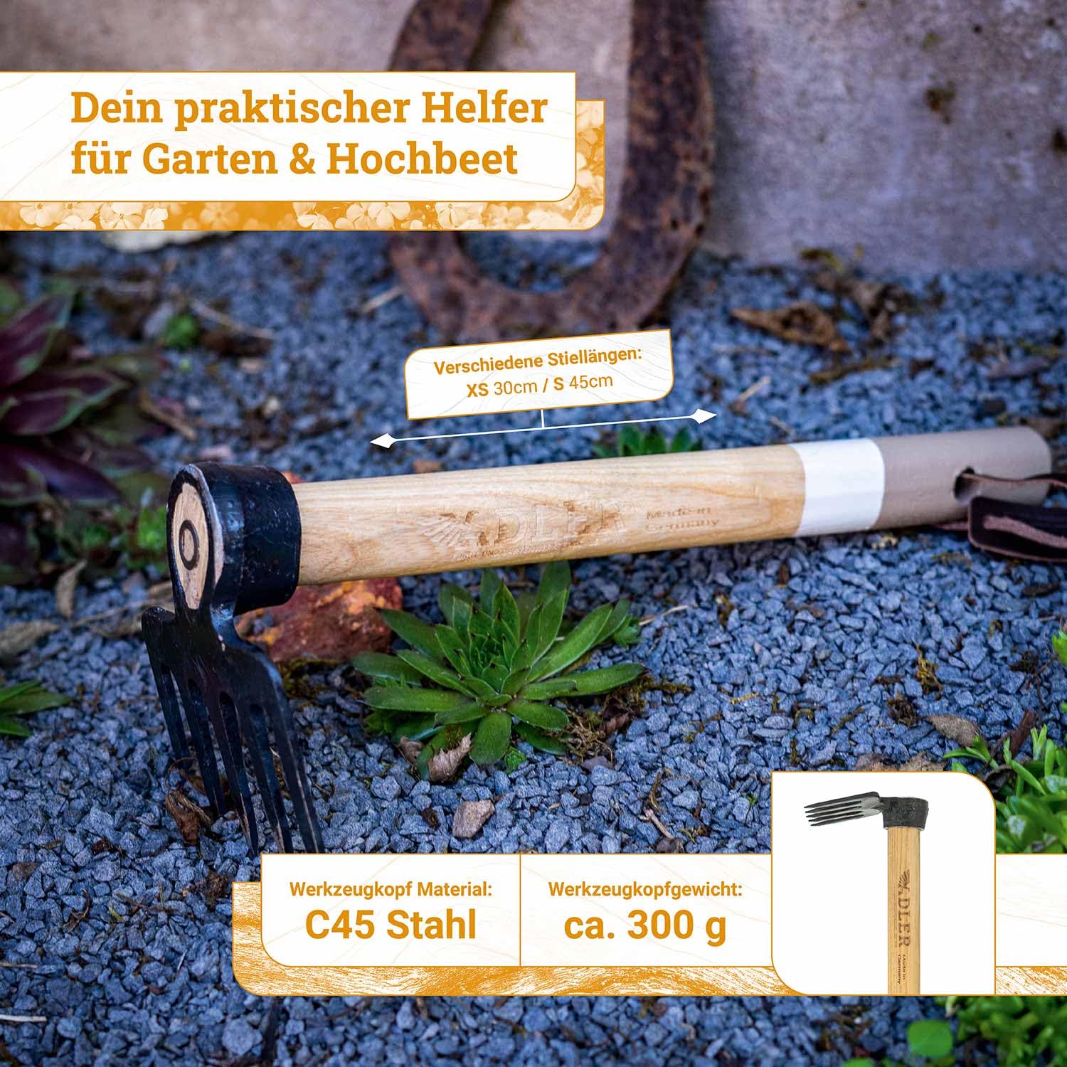 ADLER Mary Handrechen Gartenrechen Eschenstiel Hochbeet Grün 45 cm | Geschmiedeter C45-Kopf mit fünf Zähnen zum Harken und Auflockern Made in Germany