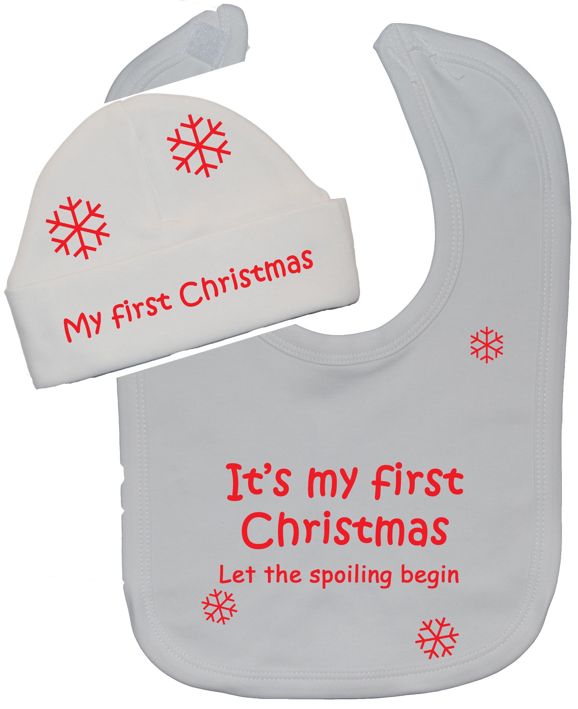 Acce Products White It's My First Christmas Let The Spoiling Begin Baby Feeding Bib & Beanie Hat/Cap Set - 3-6 Months