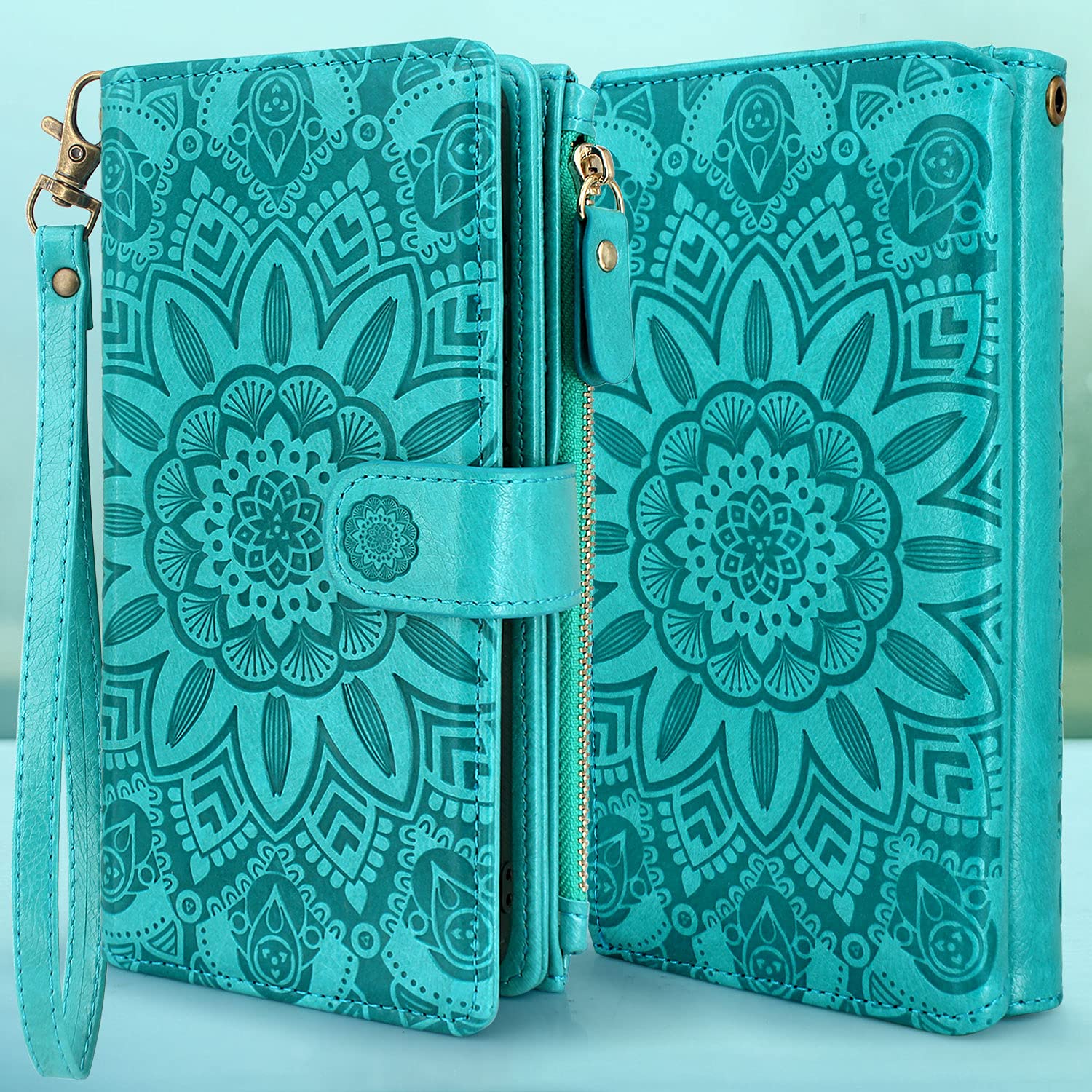 Harryshell iPhone 12/12 Pro Wallet Case - Detachable Magnetic Zipper, 12 Card Slots, Cash Pocket, Wrist Strap, Floral Blue Green