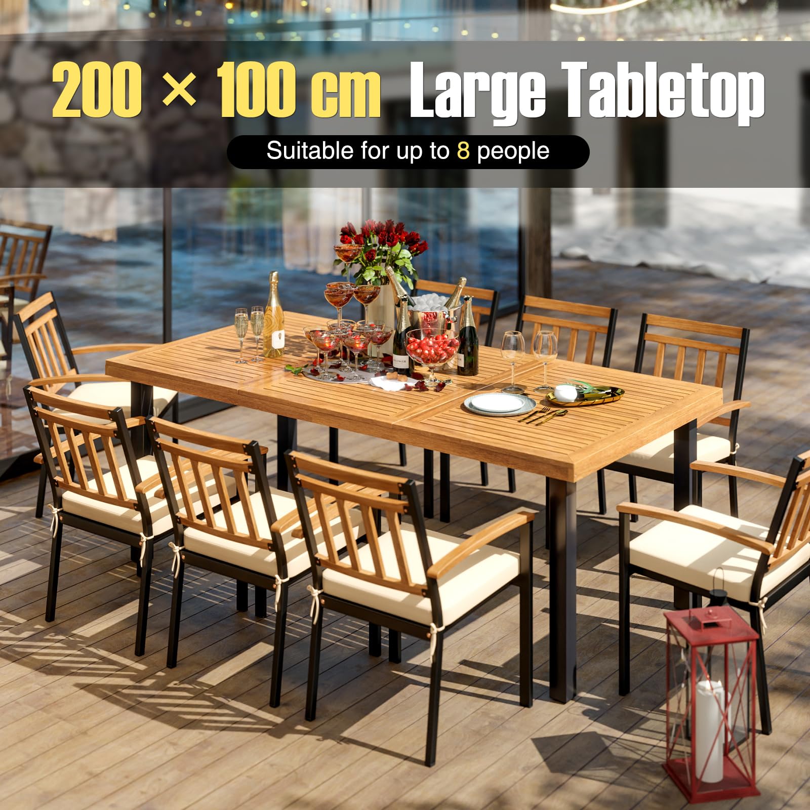 KOMFOTTEU Mesa de Jardín de Madera de Acacia, Mesa de Comedor con Agujero para Sombrilla, Mesas Rectangular para 8 Personas, 200 x 90/100 x 75 cm, para Terraza, Balcón, Patio (Modelo C)