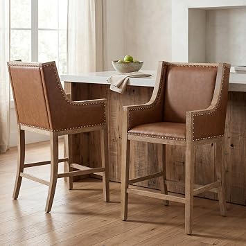 chairus 26.5" Brown Bar Stools Set of 2, Counter Height Barstools with Back, Upholstered Leather Bar Chairs, French Country Barstools Wood Legs for Kitchen Island Dining Room Bar