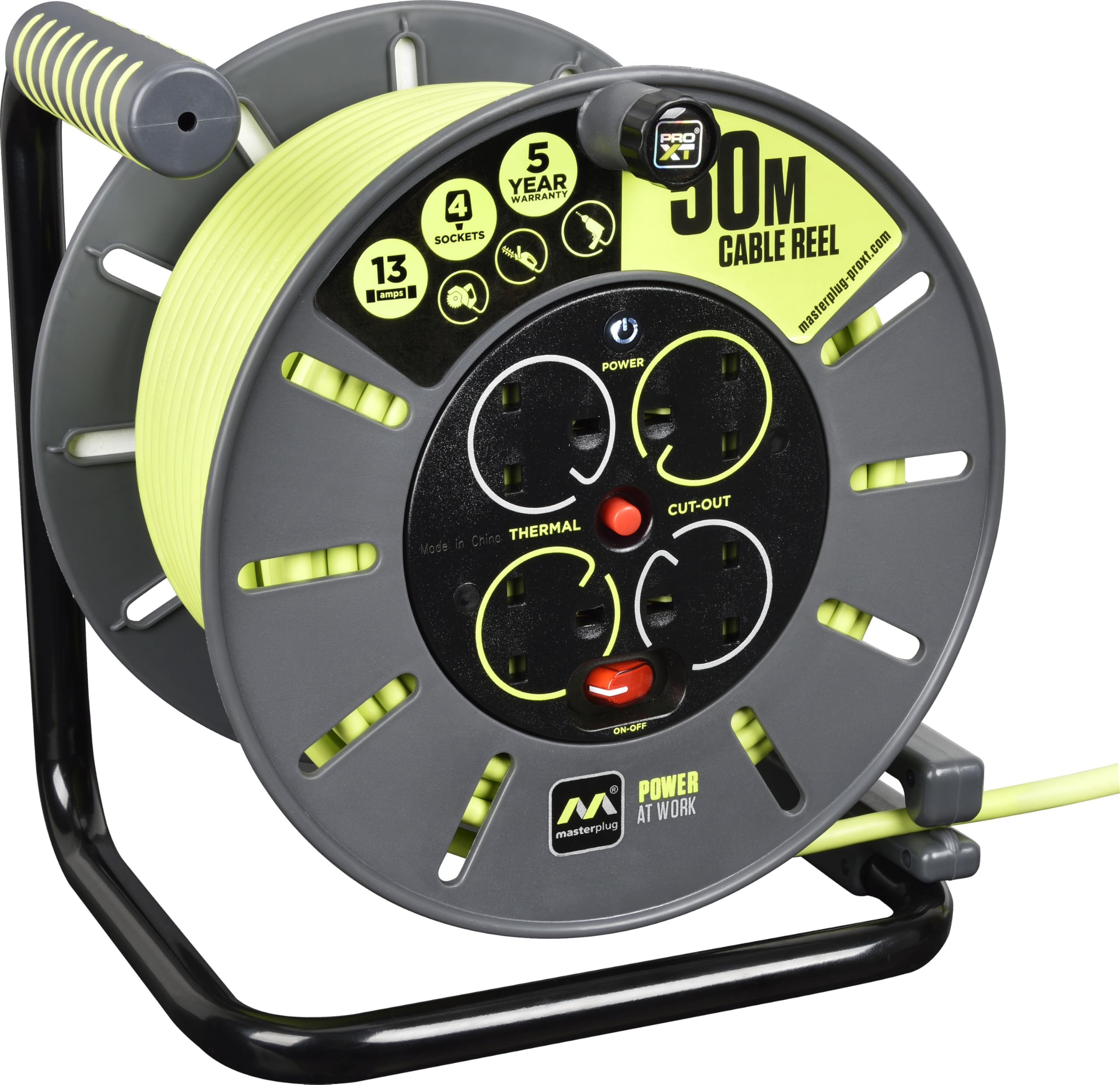 OLU50134SL-PX Pro-XT Four Socket Open Cable Reel with Winding Handle, Thermal Cut Out and Power Switch, 50 Metres High Visibility Cable, Green