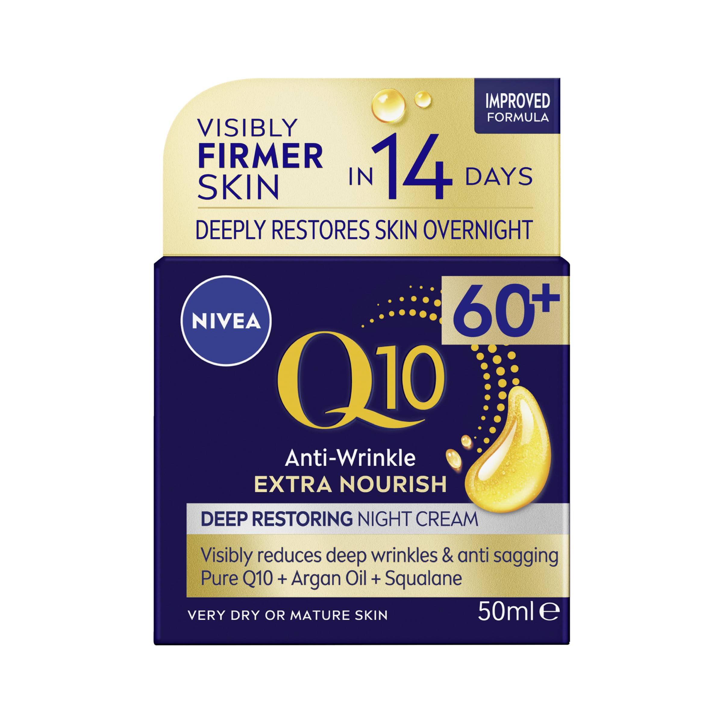 NIVEAQ10 Power 60 + Skin Anti-Wrinkle + Replenishing Night Cream (50 ml), Powerful Anti Ageing Cream, Night-Time Moisturiser for Women with Coenzyme Q10, Night Face Cream