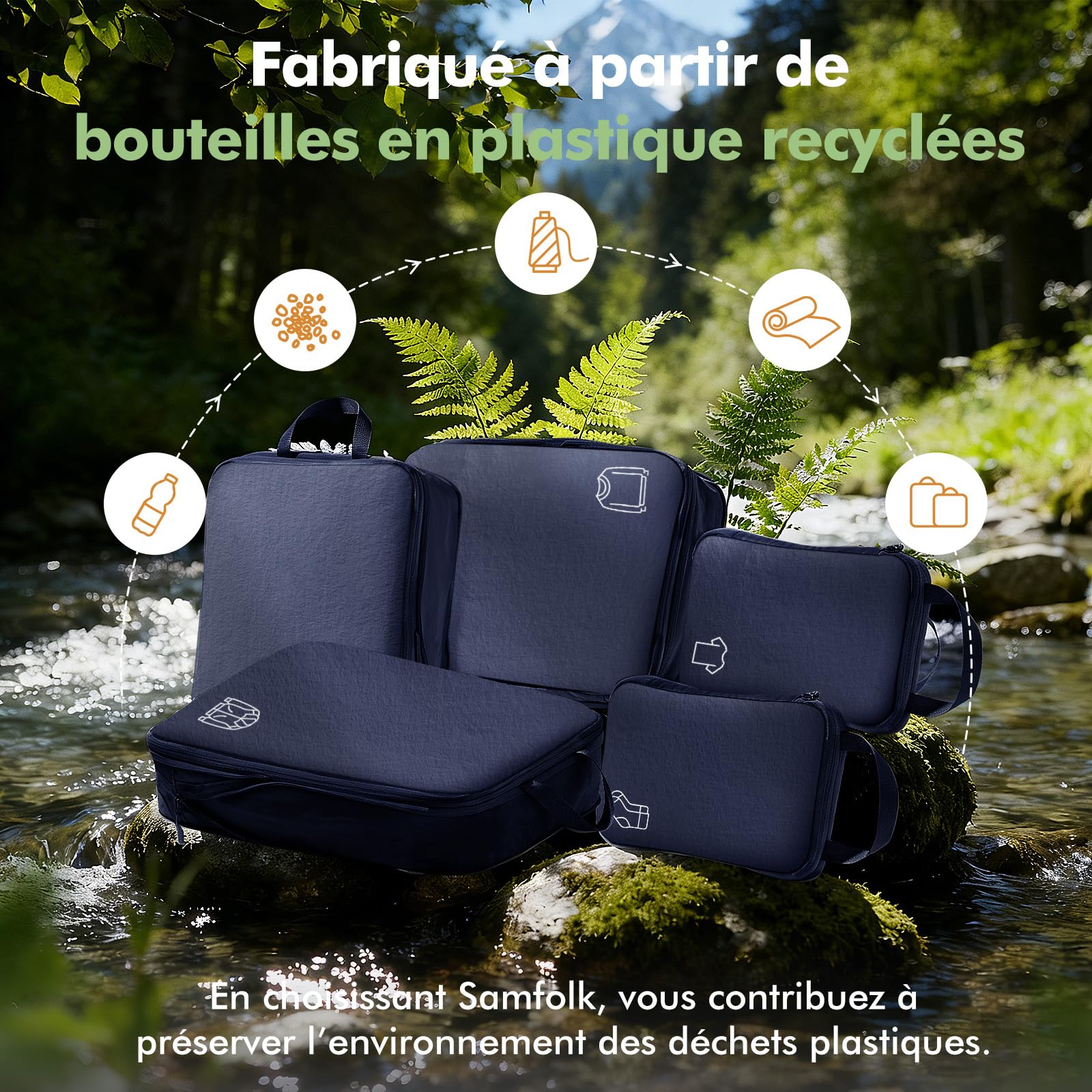 Organisateur Valise Sac Compression Voyage,Organisateur de Voyage Nylon Packing Cubes Compression,Rangement Valise Bagage Sac Compression pour Sac à Dos Bleu Marine