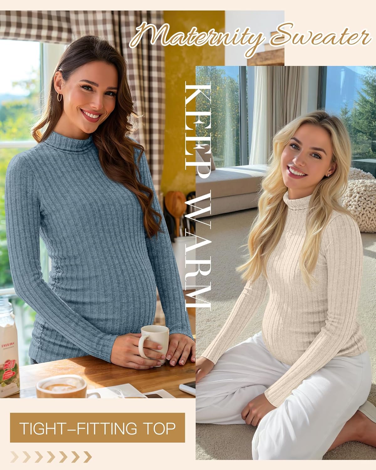 Huukeay 4 Pack Women's Maternity T-Shirts, Long Sleeve Mock Turtleneck Ribbed Pregnancy Top Sweaters Side Ruched Mama Clothes - Image 4